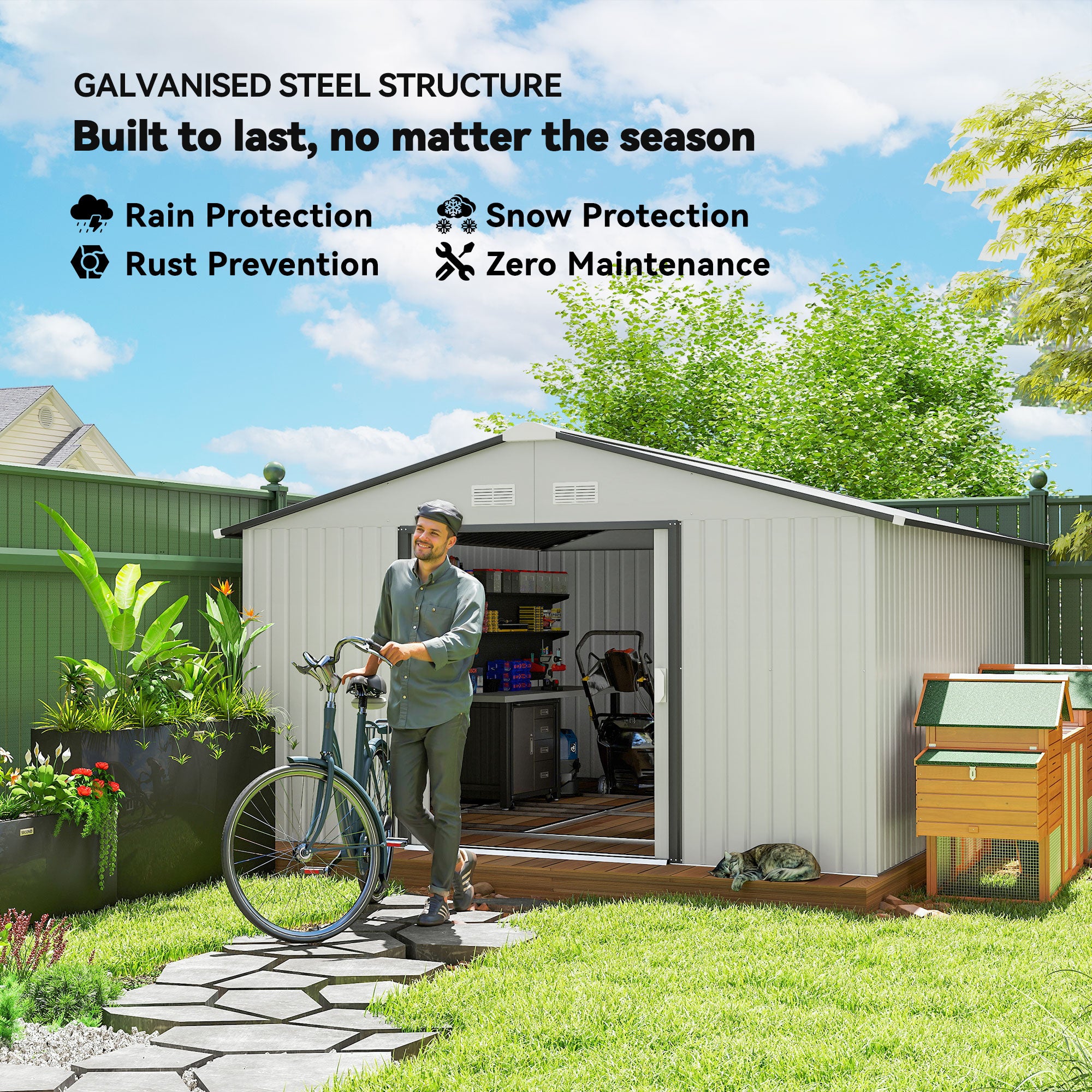 Garden Metal Shed, Storage Shed Utility Storage with Double Locking Doors for Bike, Yard Tools, White - White - Image 4