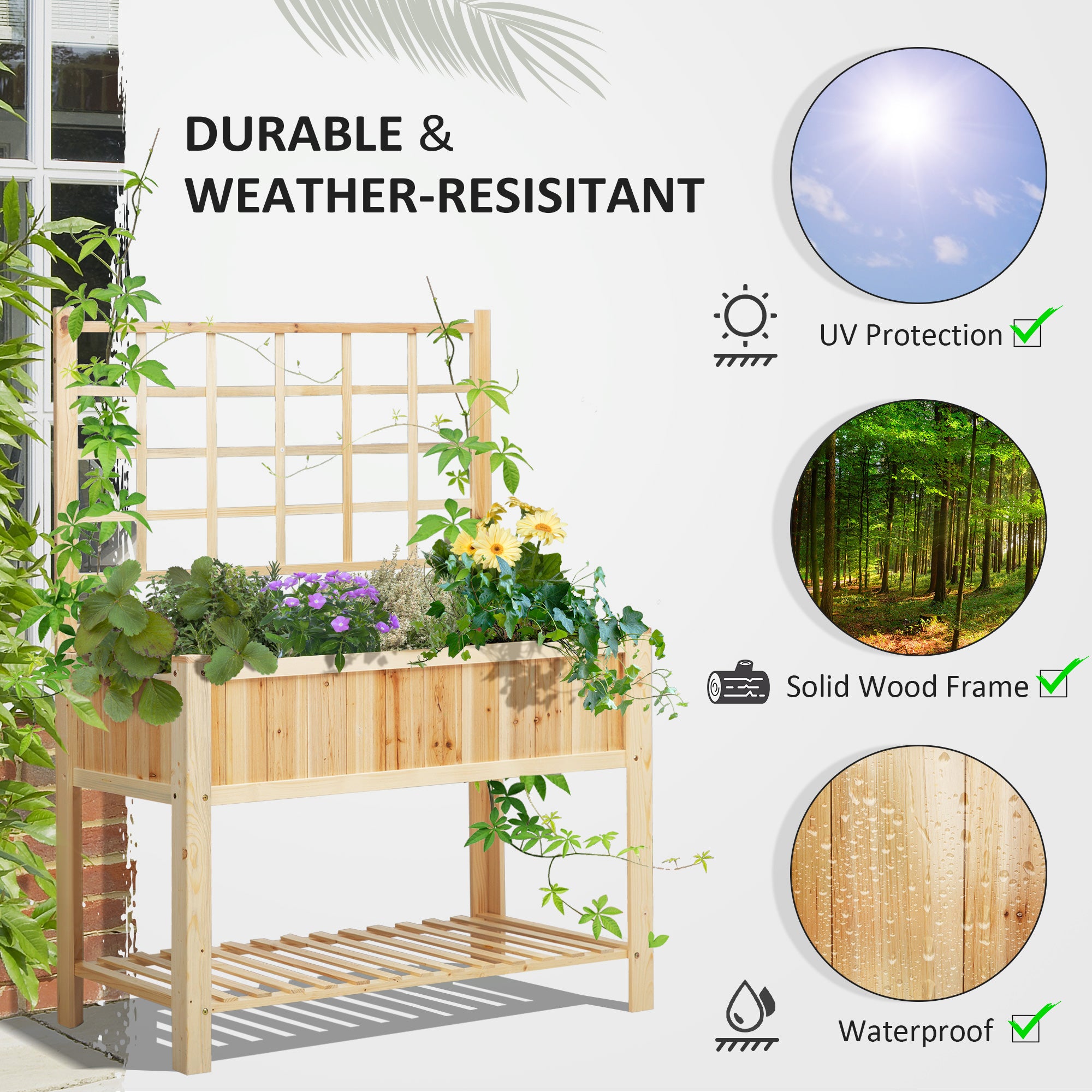 47'' Wooden Raised Garden Bed with Trellis, Coutryside Style Elevated Planter Box Stand with Open Storage Shelf, Spacious Planting Area for Vegetables, Herbs, Flowers - Natural - Image 5