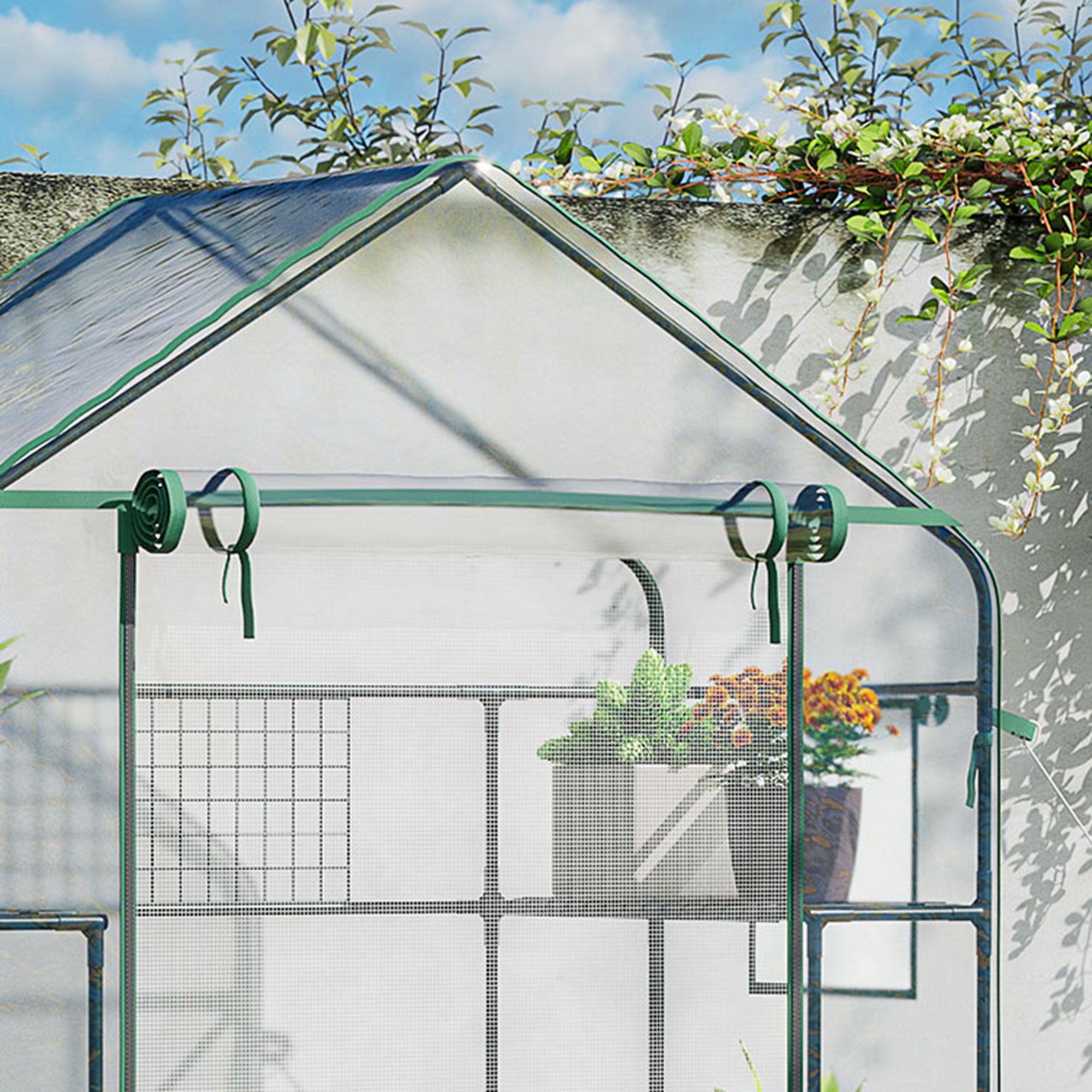 Outdoor Walk-in Mini Greenhouse with Mesh Door & Windows, Small Portable Garden Green House with 3 Tiers 6 Shelves, Trellis, & Plant Labels - Clear - Image 8