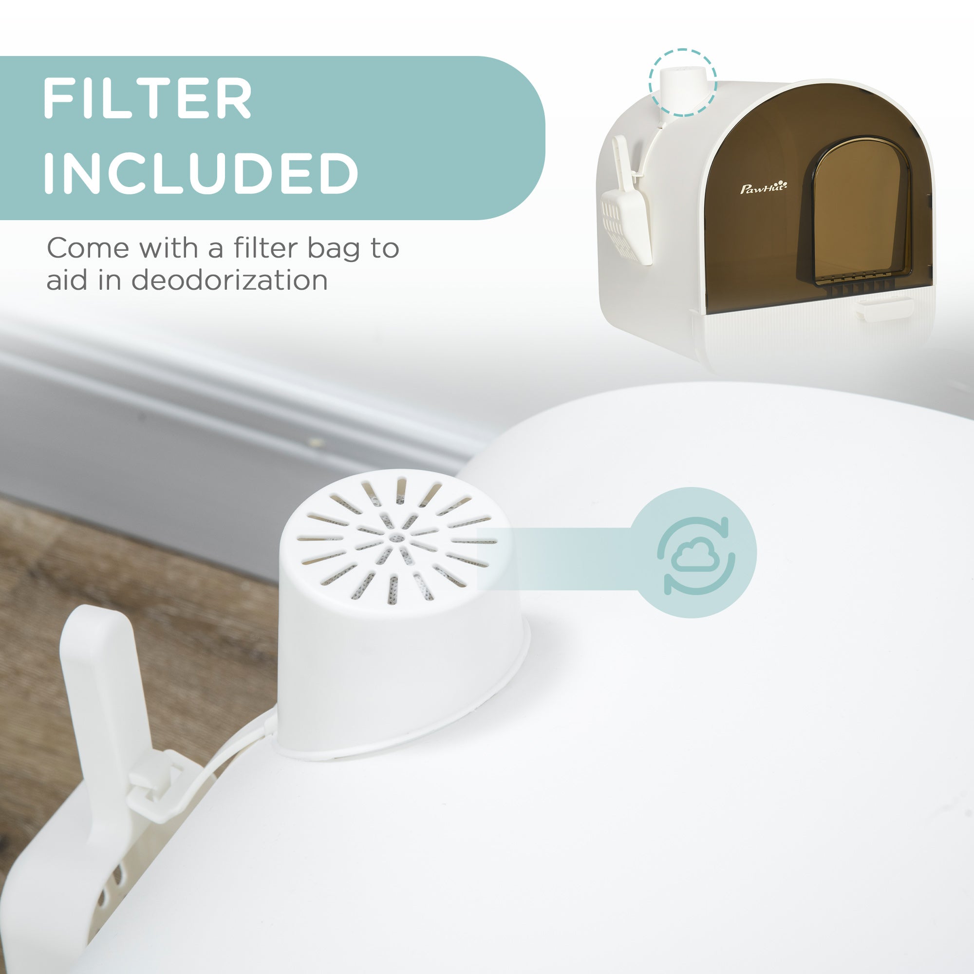 Cat Litter Box with Lid with Scoop and Filter, White - White - Image 6
