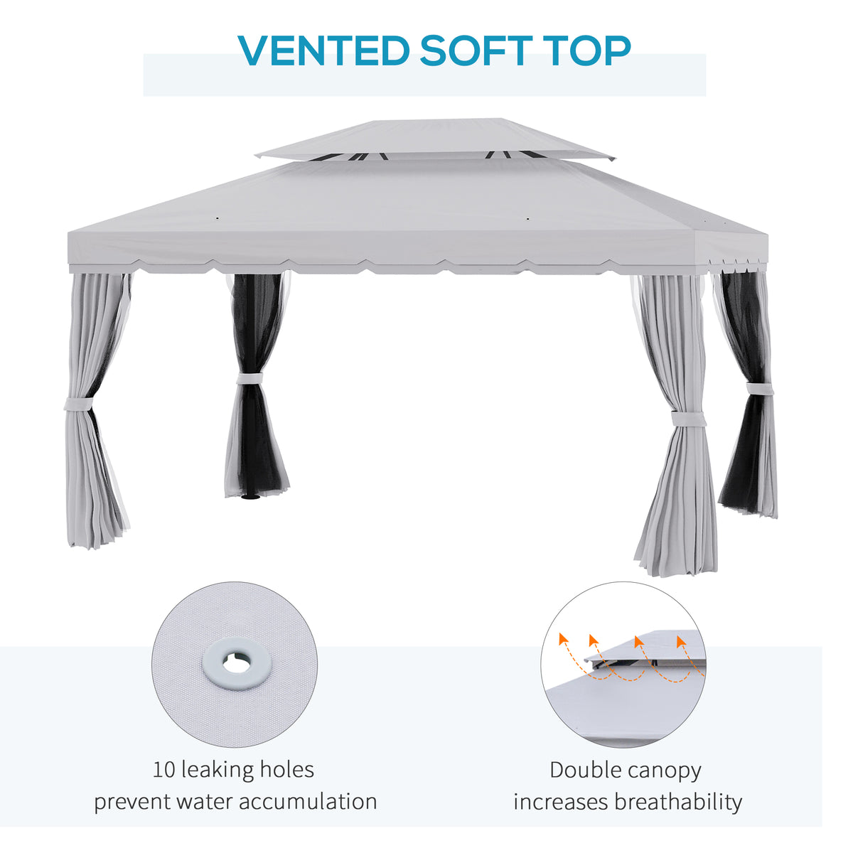 10' x 13' Patio Gazebo, Aluminum Frame Double Roof Outdoor Gazebo Canopy Shelter with Netting & Curtains, Light Gray
