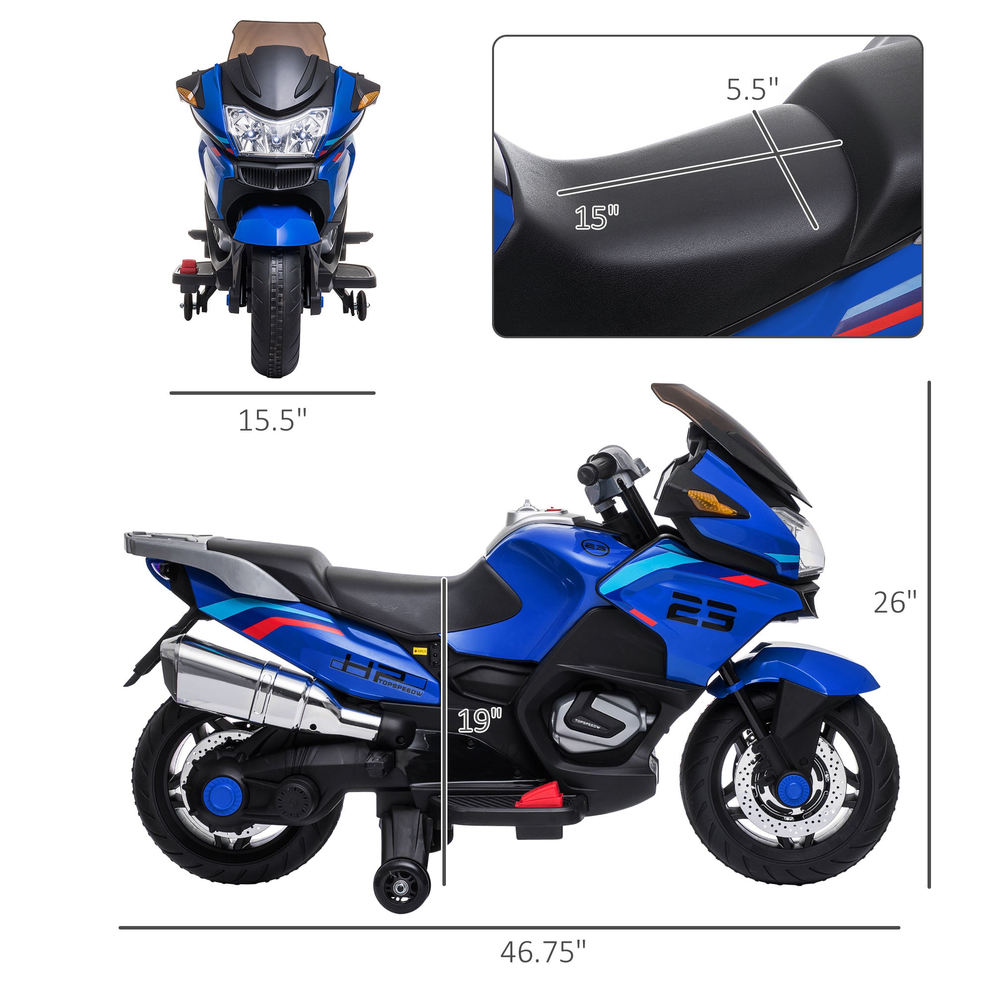 12V Kids Electric Motorcycle with Training Wheels, Battery Power Ride on Motorbike, High-Traction at 3.7 Mph Top Speed, with Light Music, Blue