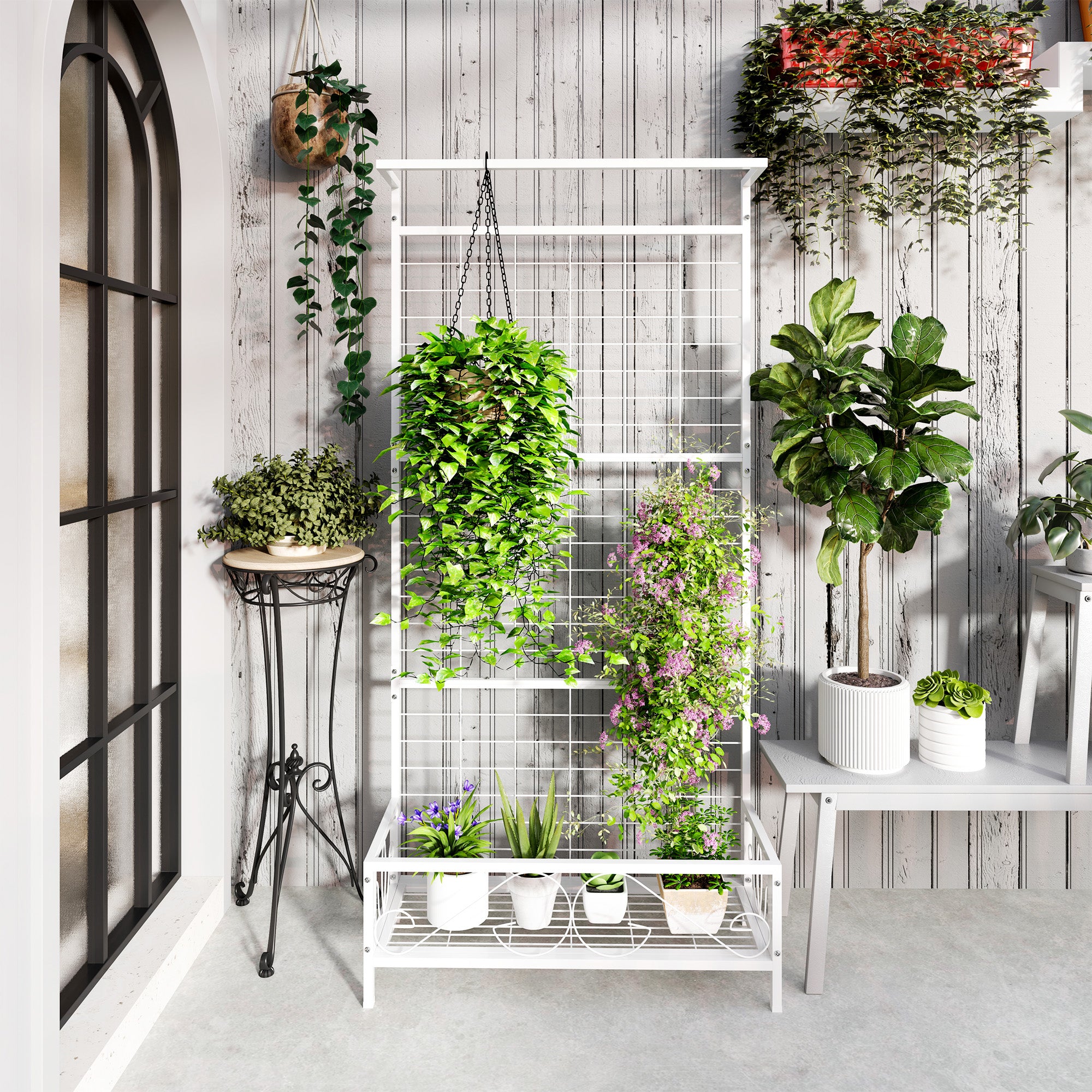 Metal Tall Plant Stand with Trellis and Hanging Bar, Plant Holder for Indoor Outdoor Use, 35" x 12.8" x 74", White - White - Image 6