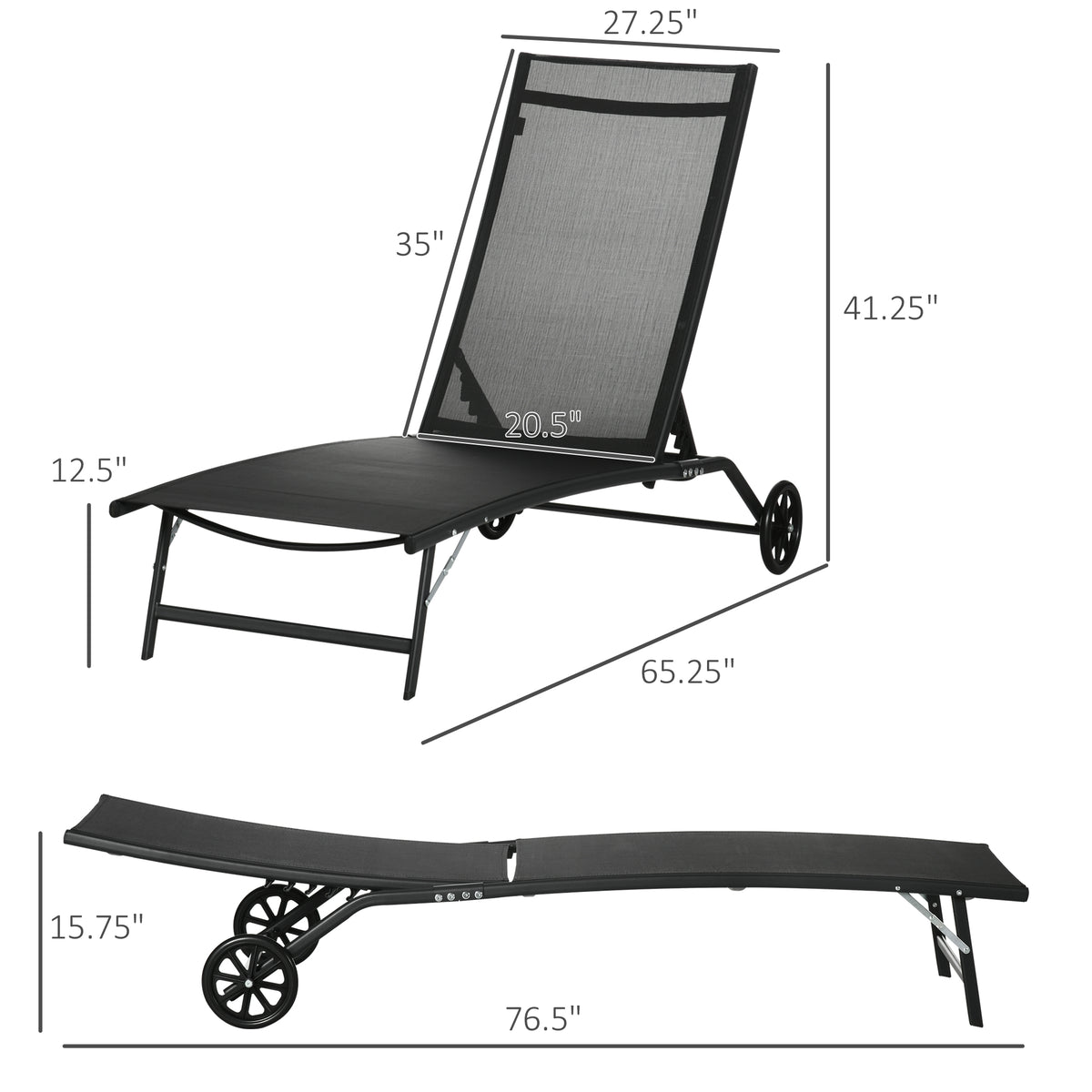 Chaise Lounge Outdoor, 2 Piece Lounge Chair with Wheels, Tanning Chair with 5 Adjustable Positions, Black