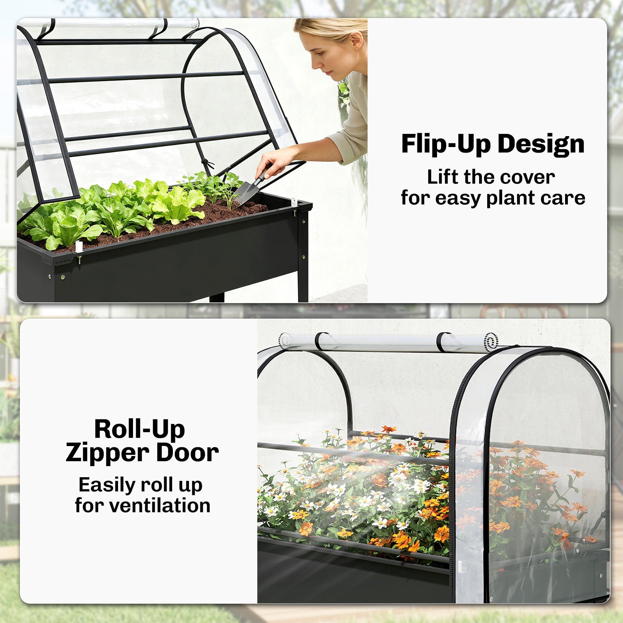 Raised Garden Bed with Flip-Up Greenhouse Cover, Metal Elevated Garden Bed with Legs and Drainage Hole, Black - Black - Image 6