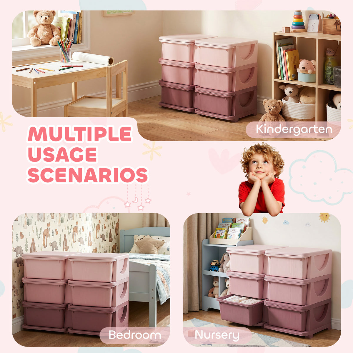 Qaba 3 Tier Kids Storage Organizer with 6 Drawers for Bedroom, Nursery, Kindergarten, Living Room, Boys and Girls, Pink