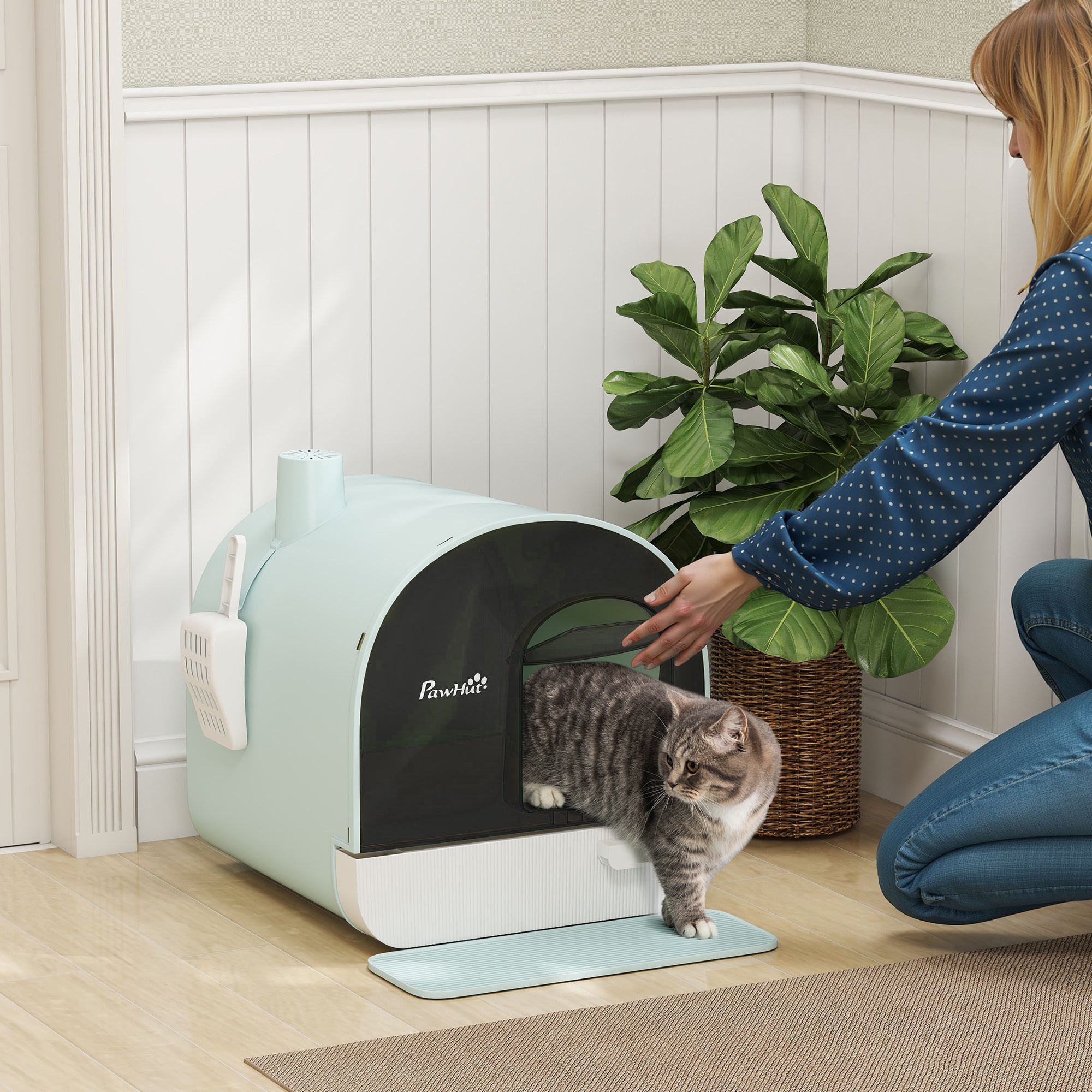 Fully Enclosed Cat Litter Box with Lid & Drawer Design, Covered Litter Box Anti-Leakage, Anti-Splashing, for Indoor Cats from Kitten to Adult, with Scoop & Mat, Easy Clean, Odor Control, Green - Green - Image 2