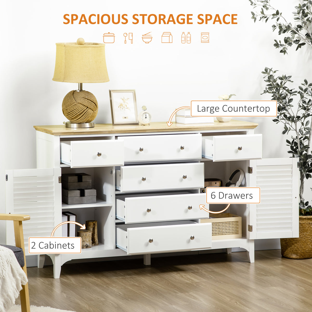 Sideboard Buffet Cabinet with Storage Drawers, Rubber Wood Top and Adjustable Shelves, Coffee Bar Cabinet, White
