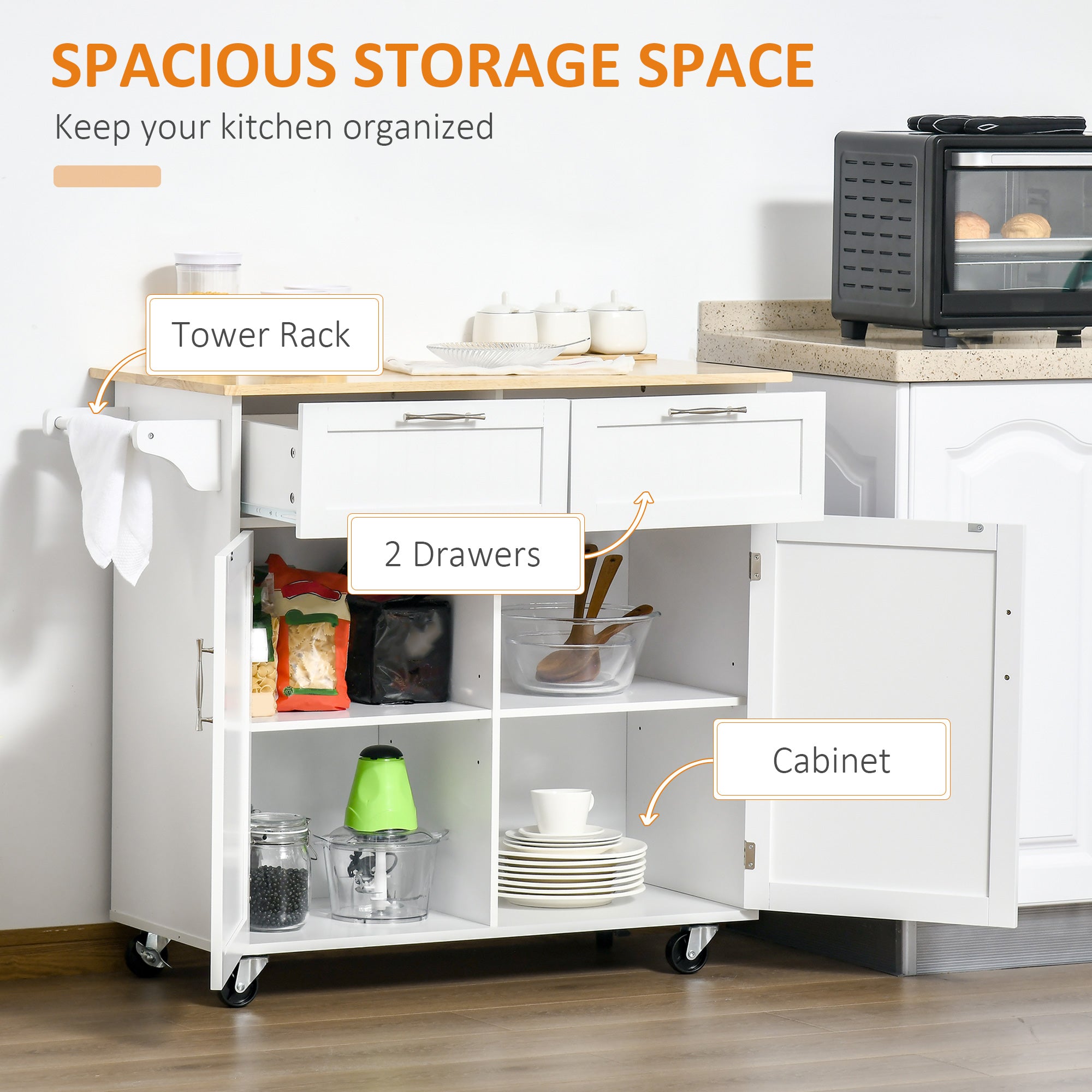 41" Modern Rolling Kitchen Island on Wheels, Utility Cart Storage Trolley with Rubberwood Top & Drawers, White