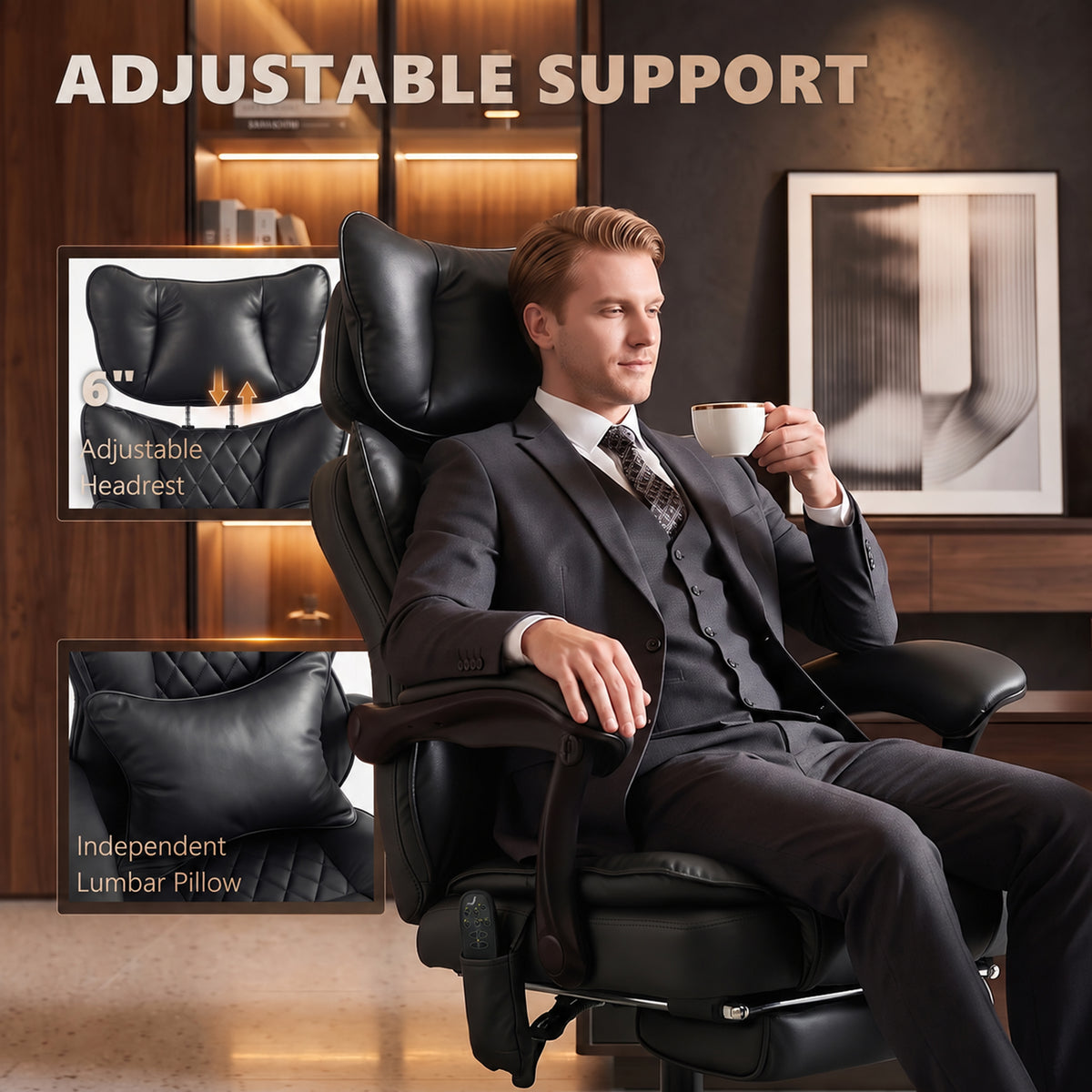 High Back Vibration Massage Office Chair, Heated Reclining PU Leather Computer Chair with Headrest, Black