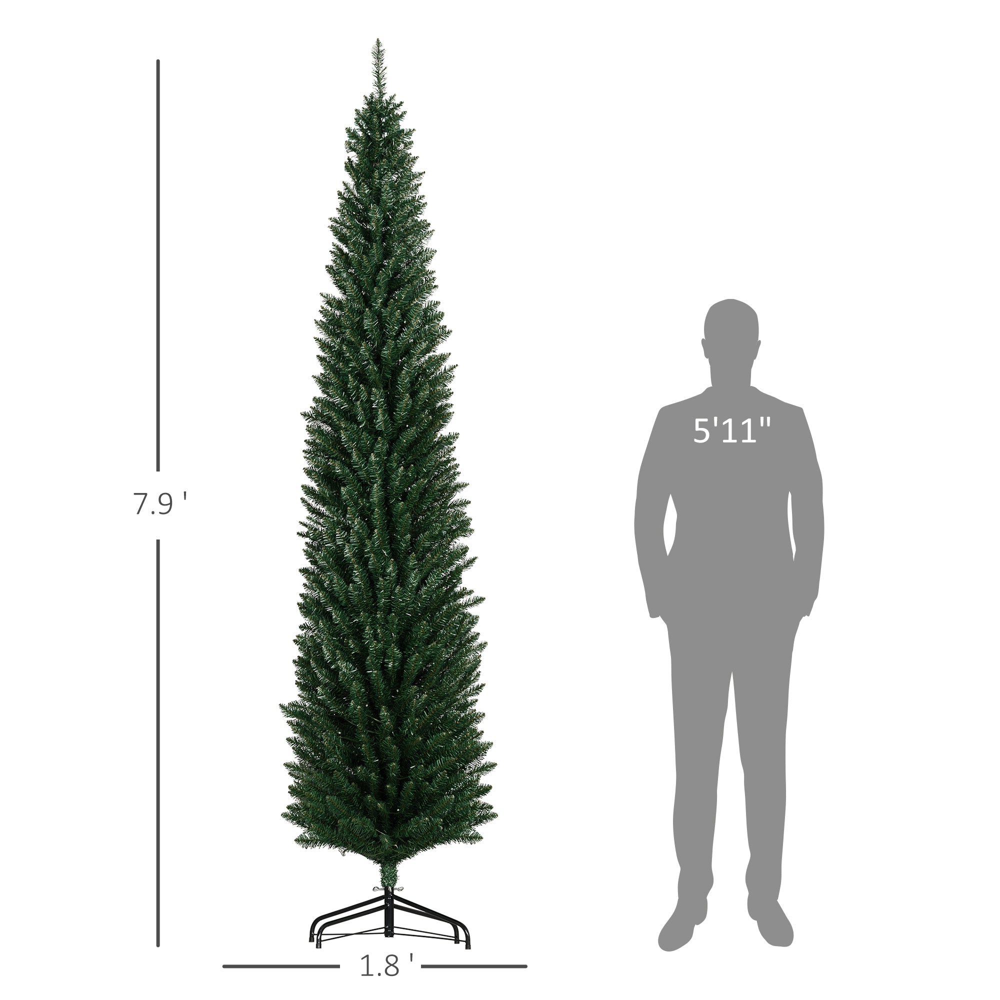 8' Artificial Pencil Christmas Trees Holiday Decoration with Colorful LED Lights, Steel Base, Skinny Shape