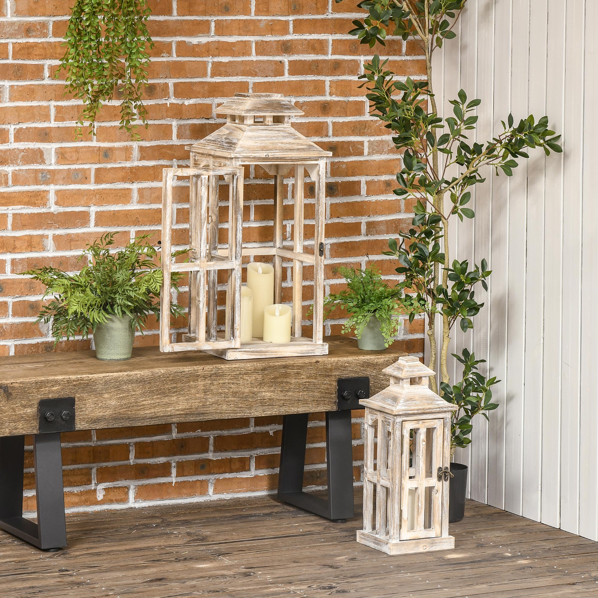 2 Pack 28"/20" Large Rustic Wooden Lantern Decorative, Indoor/Outdoor Lantern for Home Décor (No Glass), Natural