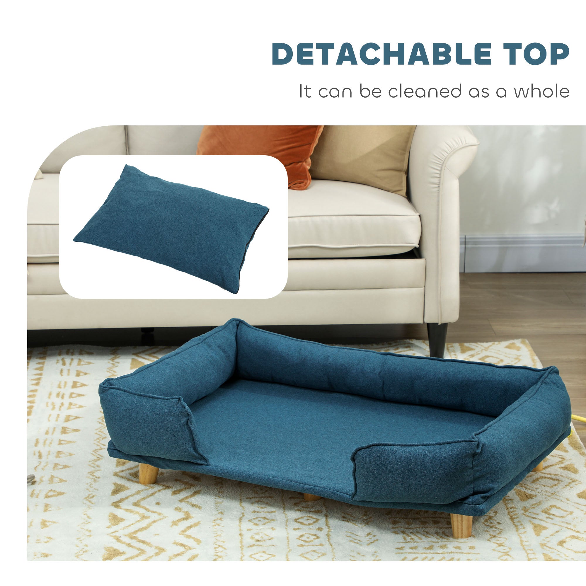 Raised Dog Couch with Comfortable Cushion, Pine Wood Legs, Foot Pads for Large-Sized Dogs Indoor Use, Dark Blue - Blue - Image 5