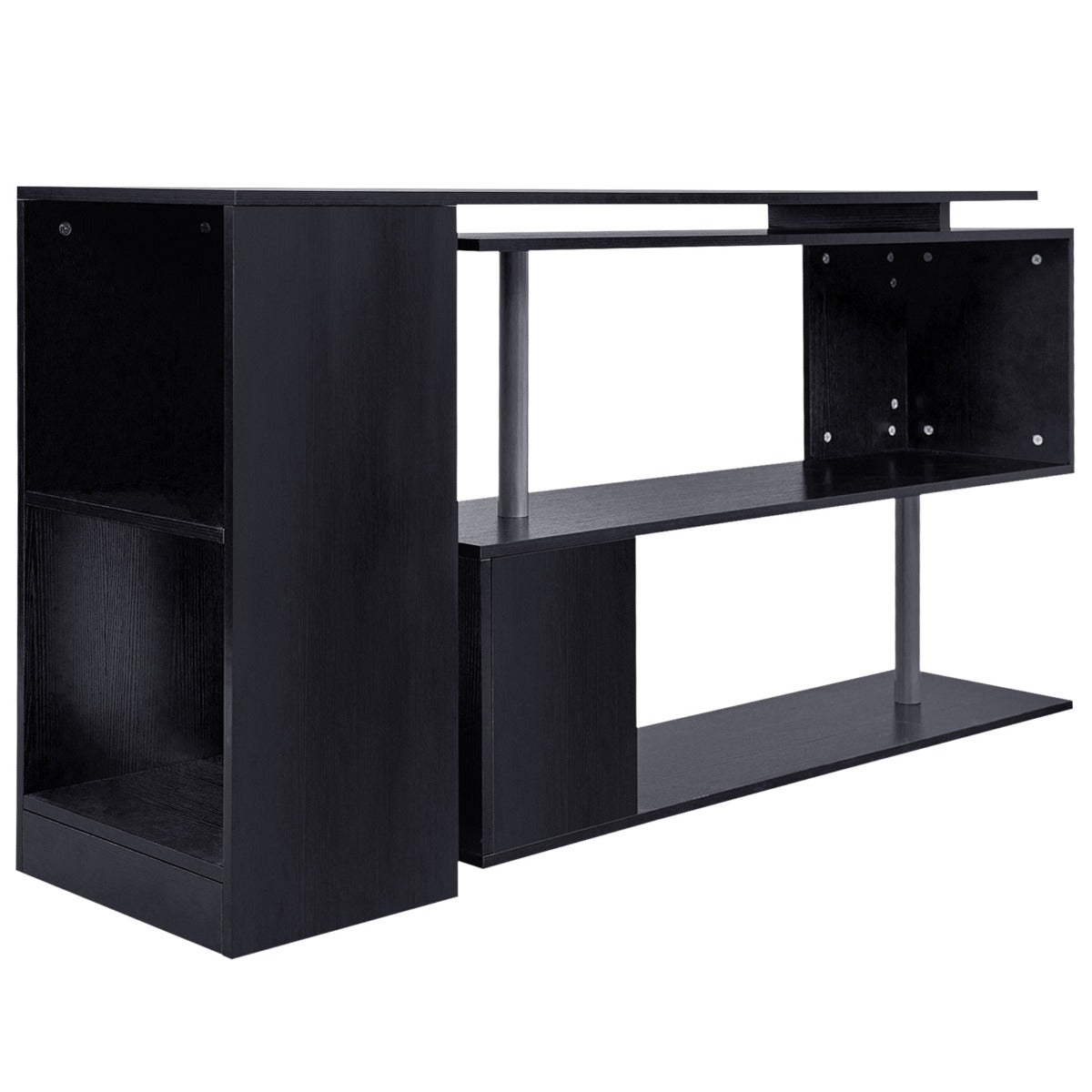 55" 360° Rotating Corner Computer Desk Modern L-Shaped Home Office Workstation with 3-Tier Storage Shelves, Bookshelf, Black