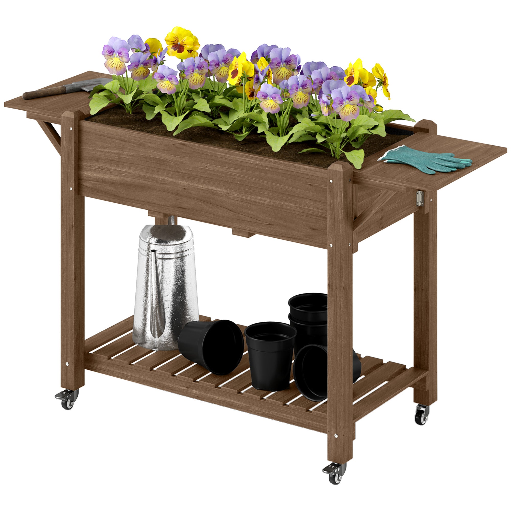 Wood Raised Planter Box, Elevated Garden Bed with Lockable Wheels, Side Tables, Bottom Shelf, Drain Holes, Carbonized - Carbonized