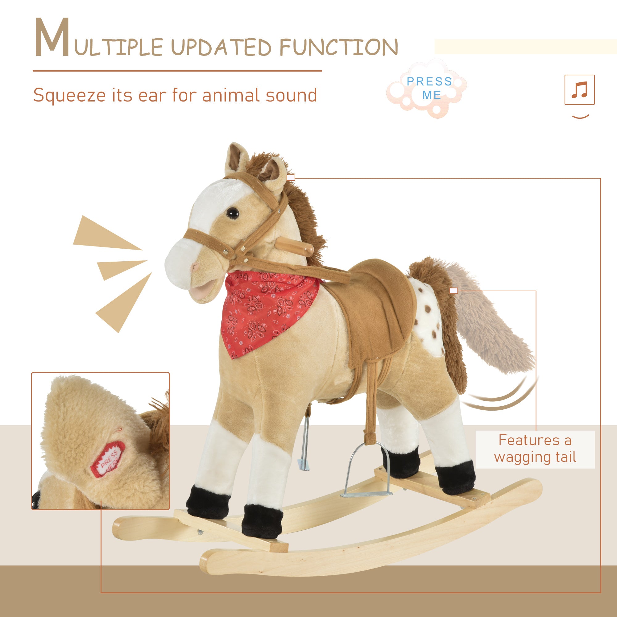 Kids Plush Ride-On Rocking Horse Toy Cowboy Rocker with Fun Realistic Sounds for Child 3-6 Years Old, Beige