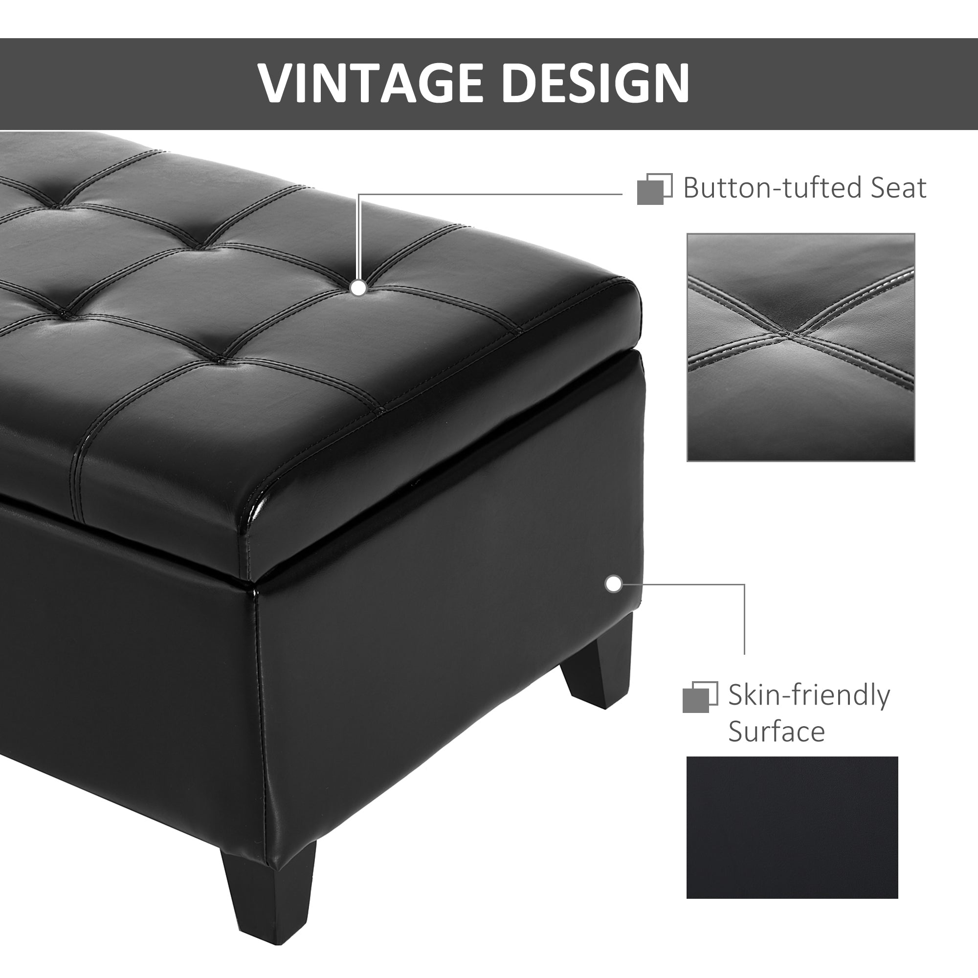 51" Ottoman Storage Bench, Faux Leather Storage Chest with Lift Top, Tufted Ottoman for Living Room, Entryway, Black
