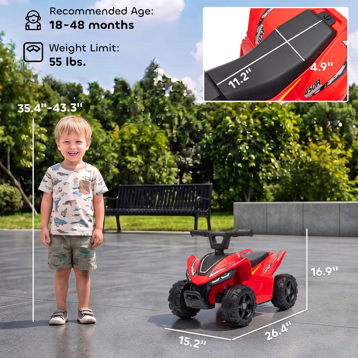 Kids ATV, 6V Battery Powered Kids Quad with 4 Wheeler, Handlebar Button Control, Max 1.2MPH, Max 55lbs Load, Red