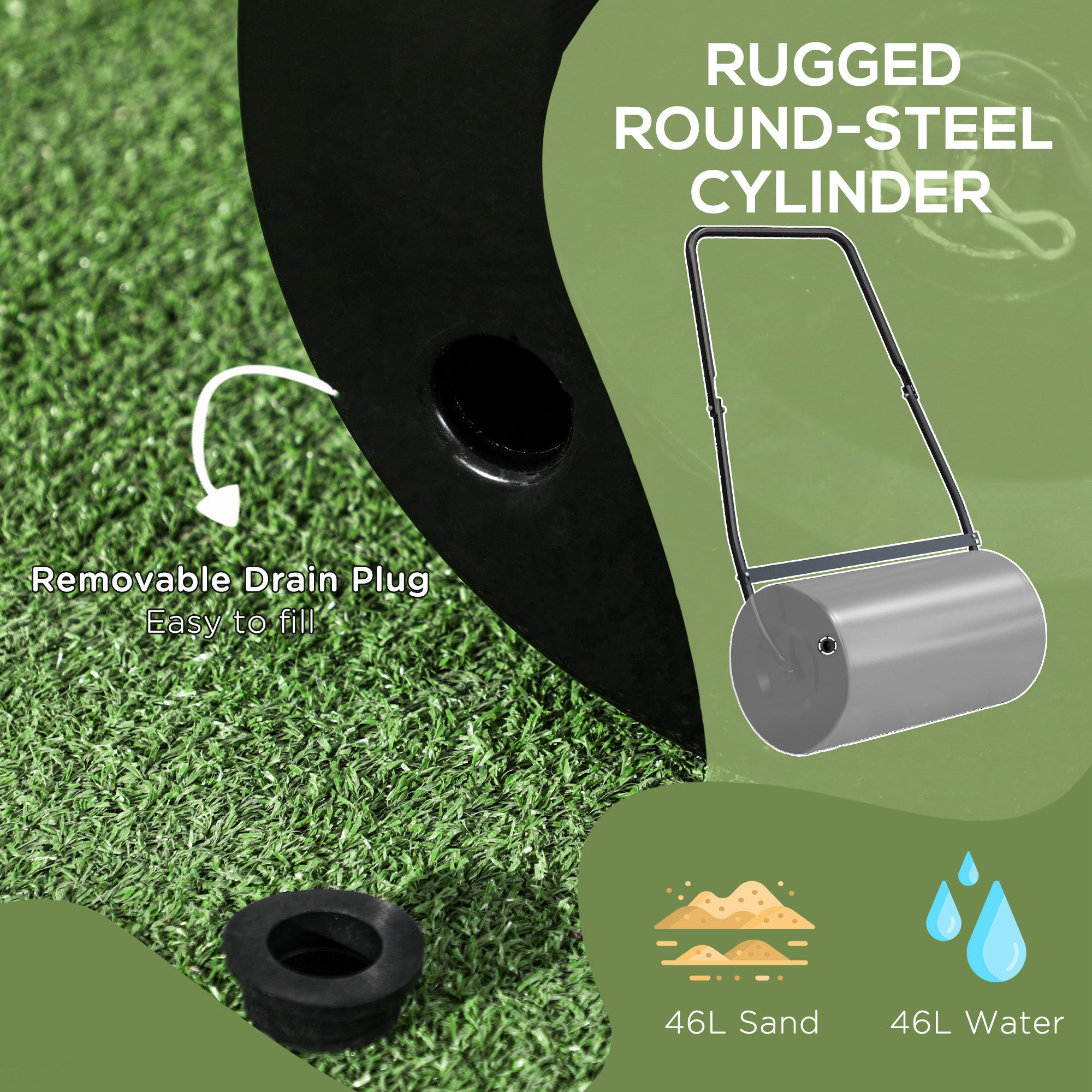 46L Lawn Roller, Push/Tow Behind Sod Roller with U Shaped Handle, Water Filled Yard Roller for Garden, Lawn, Backyard - Black - Image 4