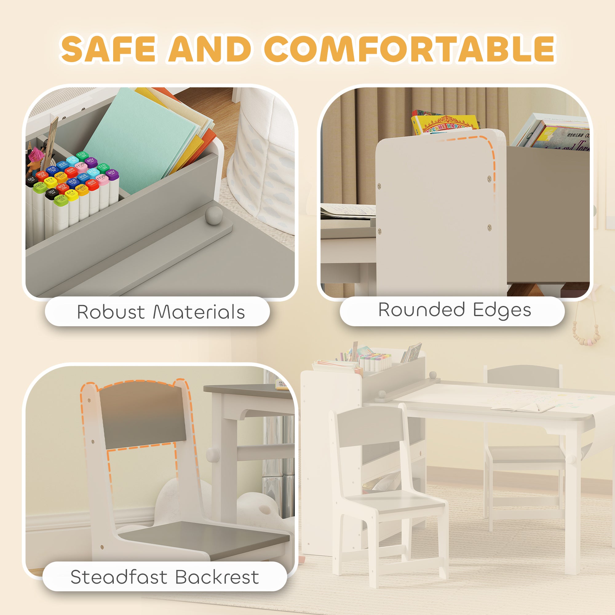 Kids Desk and Chair Set with Paper Roll, Kids Activity Craft Table with Storage Shelves and Drawers, Gray