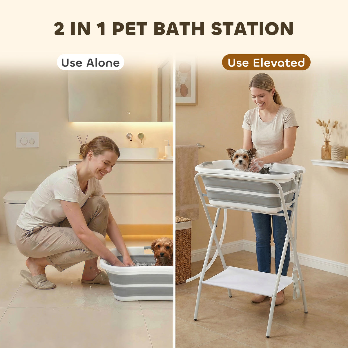 Dog Bath Tub Dog Washing Station, Elevated Foldable Dog Bathtub with Hose, Storage Shelf, for Small Dogs Puppies Gray