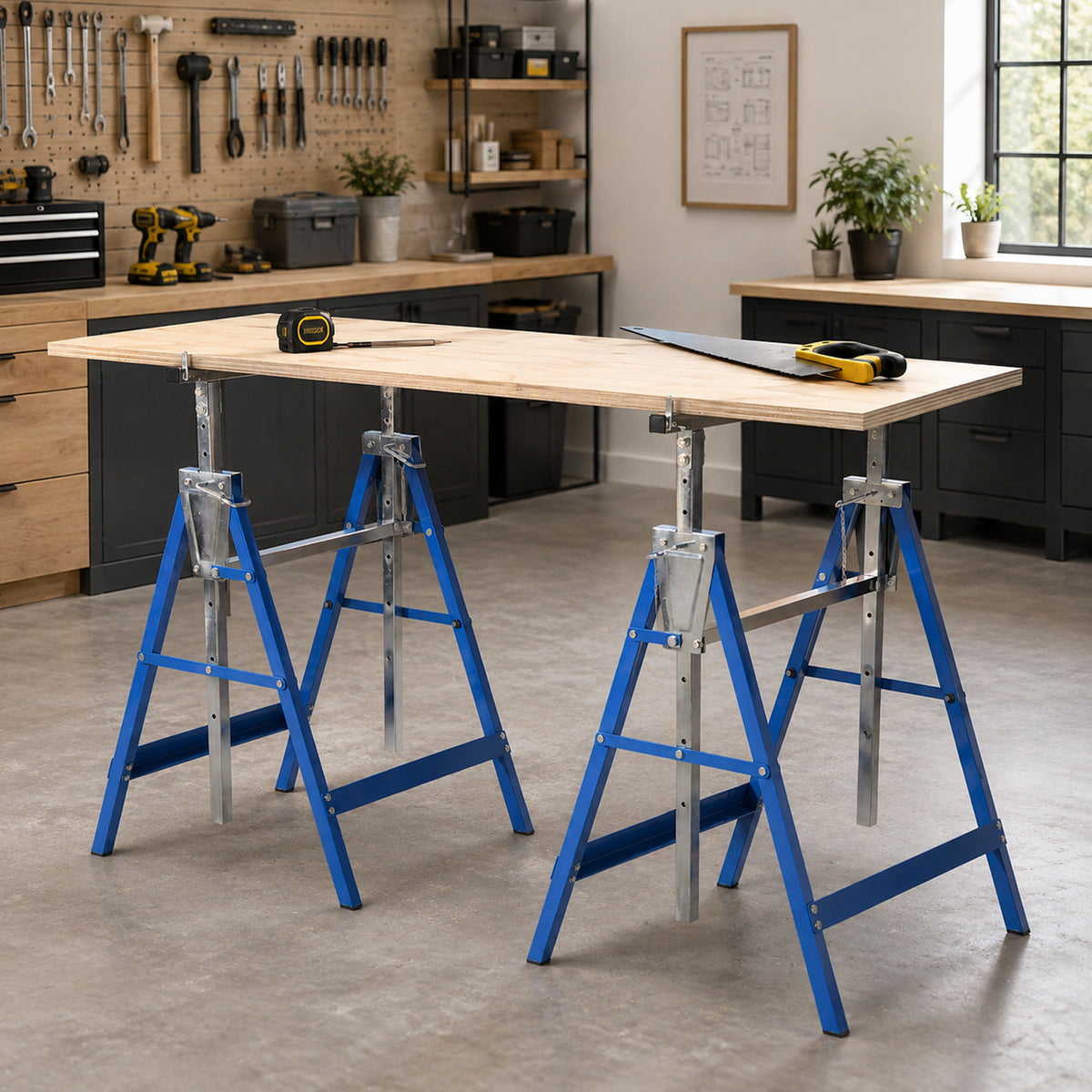 Set of 2 Adjustable Telescopic Builders Trestle, DIY Steel Work Bench Carpenter, Folding Saw Horse Tools Blue