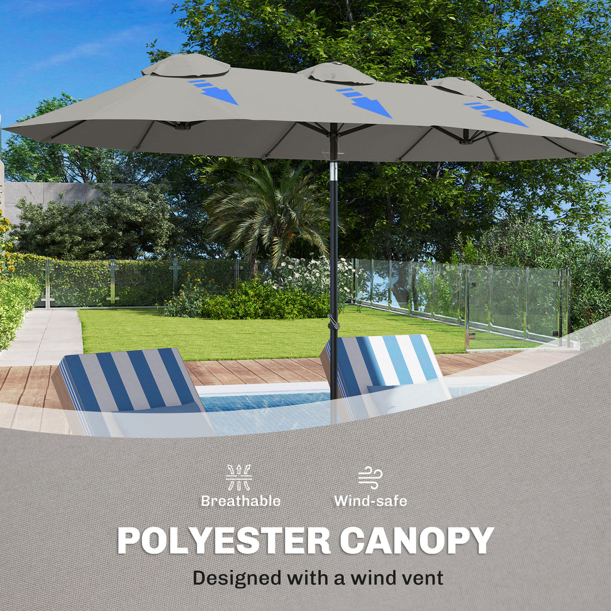 Double Sided Patio Umbrella, 9.7' Large Outdoor Market Umbrella with Push Button Tilt and Crank, 3 Air Vents and 12 Ribs, for Garden, Deck, Pool, Gray