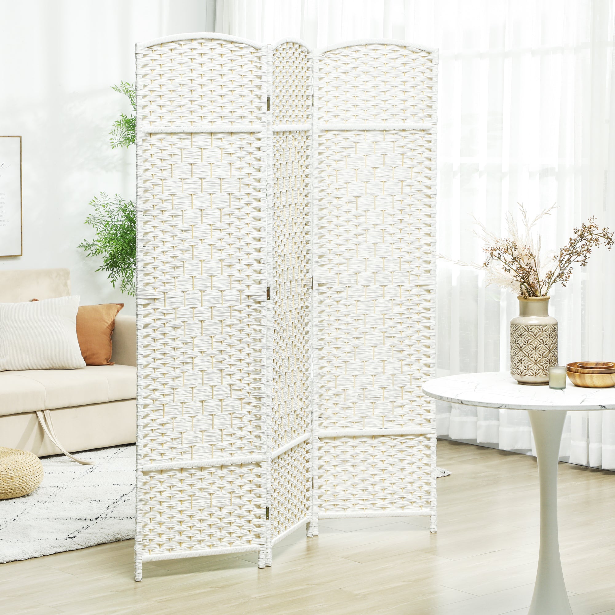Folding Room Divider Screen 3 Panel 6' Tall Privacy Screen Freestanding Wood Partition for Home Office, White