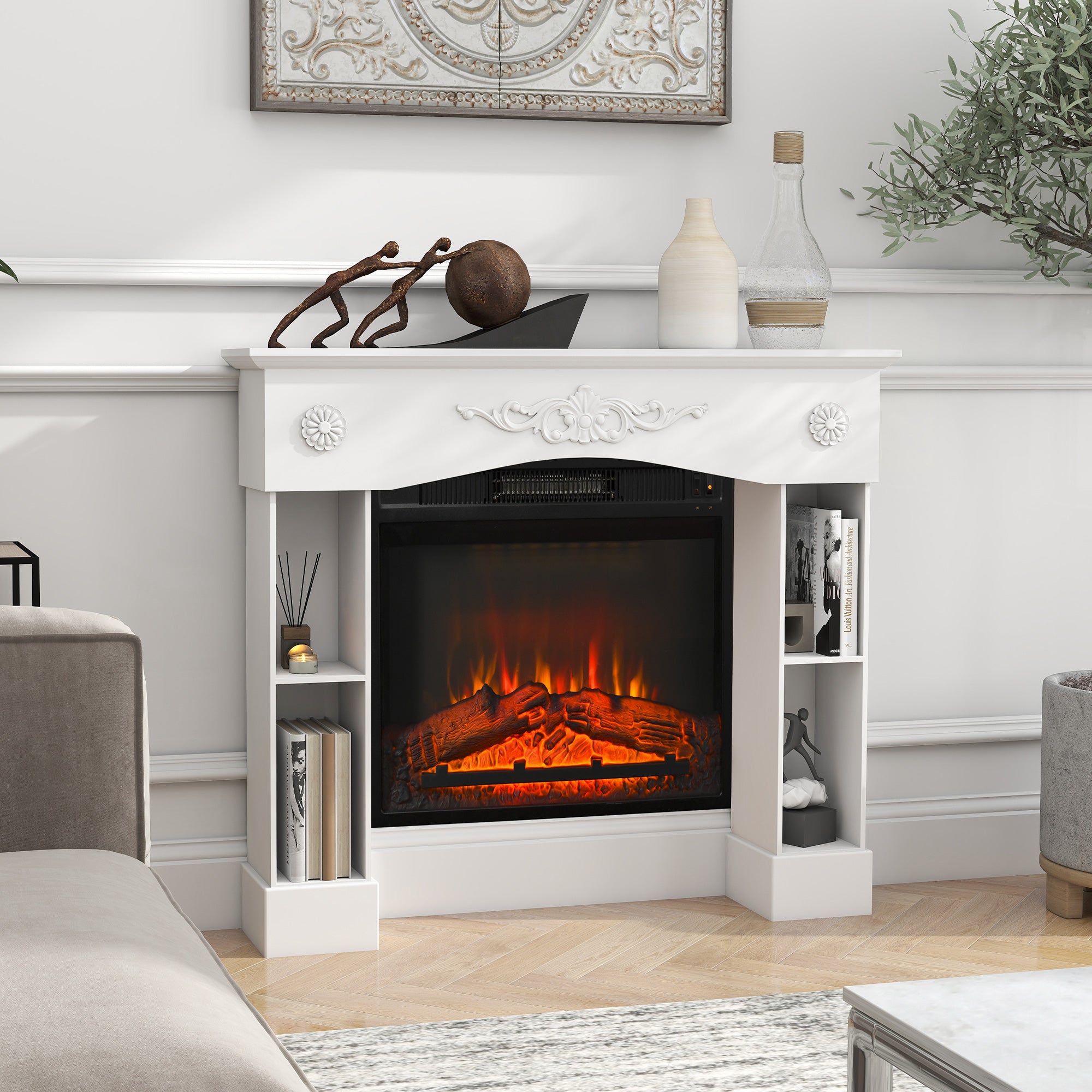Baroque Fireplace Mantel, Freestanding Fireplace Surround with Leg for Electric Fireplaces, 45.3" W x 39.4" H, White