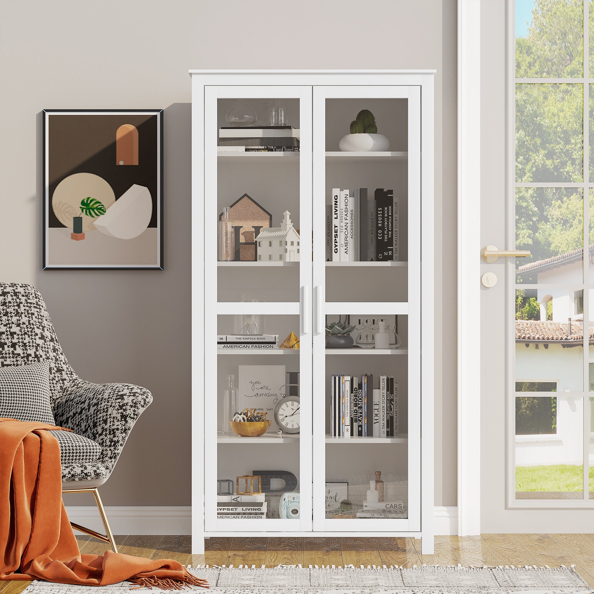 63" Kitchen Pantry Cabinet, Freestanding Storage Cabinet, Display Cabinet with 2 Glass Door and 2 Adjustable Shelves for Dining Room, White