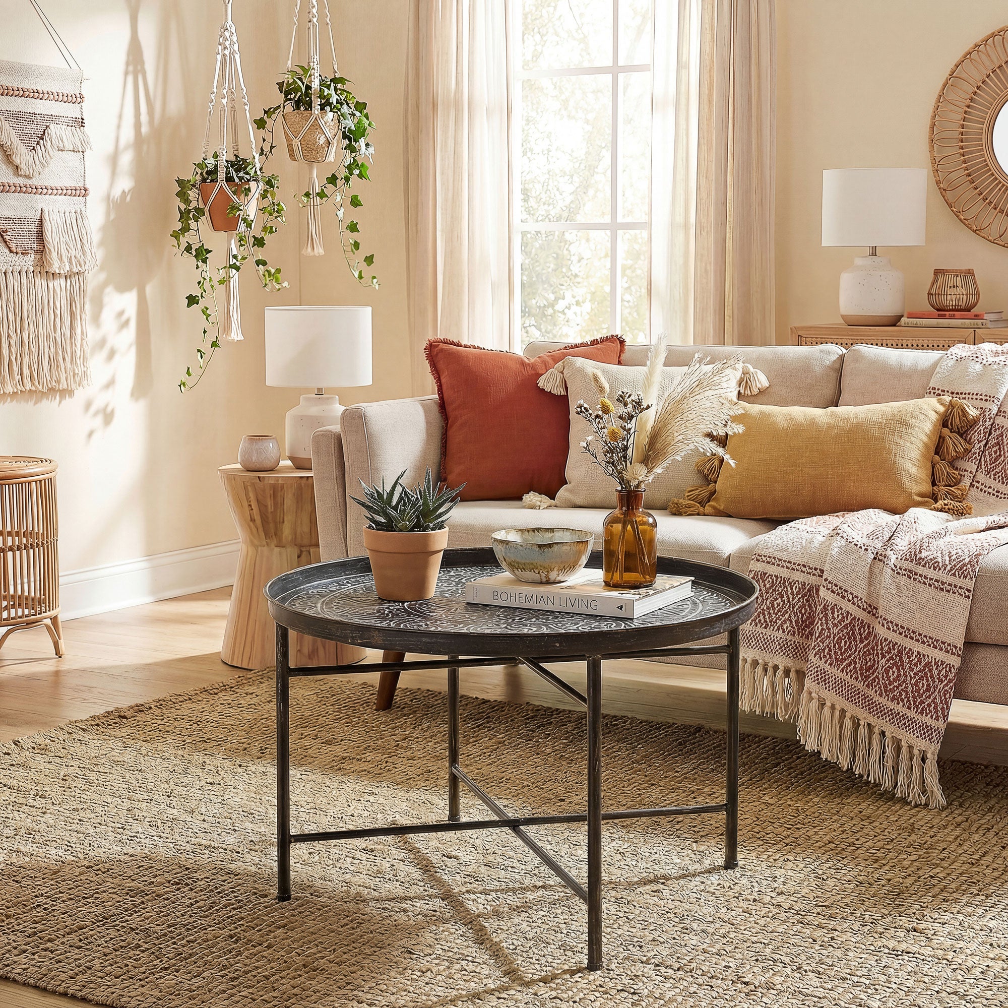 Coffee Table for Living Room, 24" Round Center Table with Hammered Tray Top and Metal Frame for Bedroom, Pewter