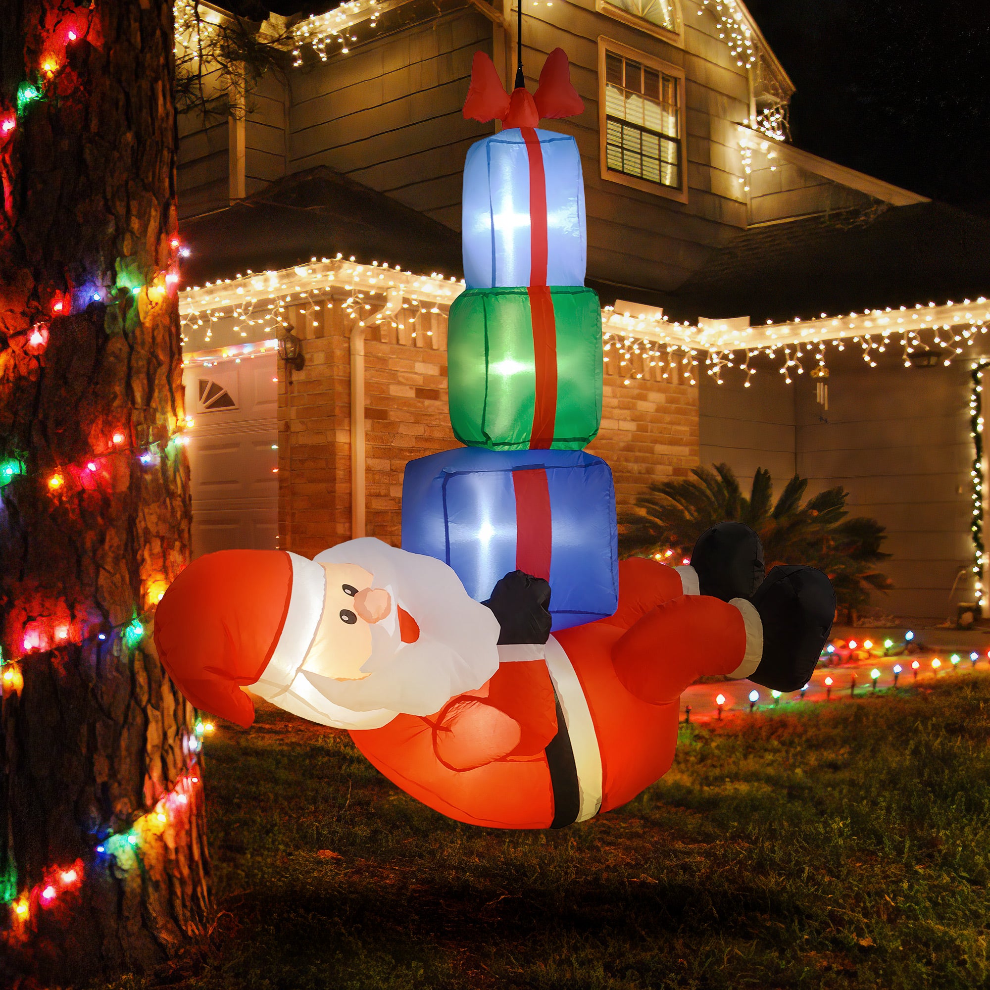 4.6' Inflatable Santa Hanging Under Three Gift Boxes w/ LED Lights, Blow-Up Outdoor Hanging Display for Party