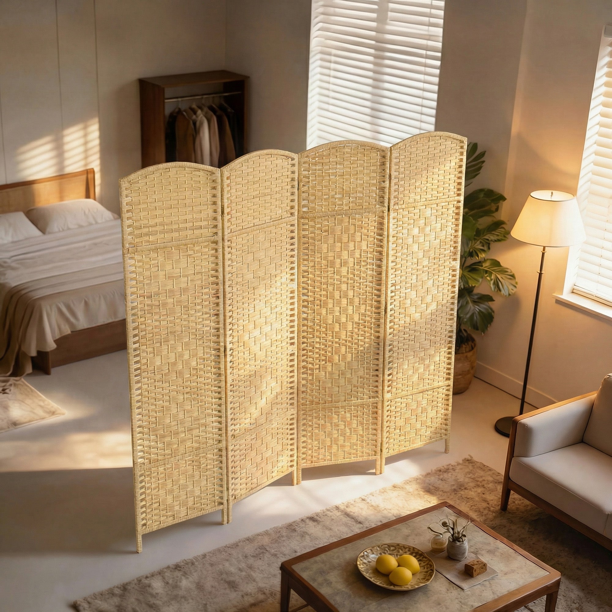 Folding Room Divider Screen 4 Panel 6' Tall Privacy Screen Freestanding Wood Partition for Home Office, Nature Wood