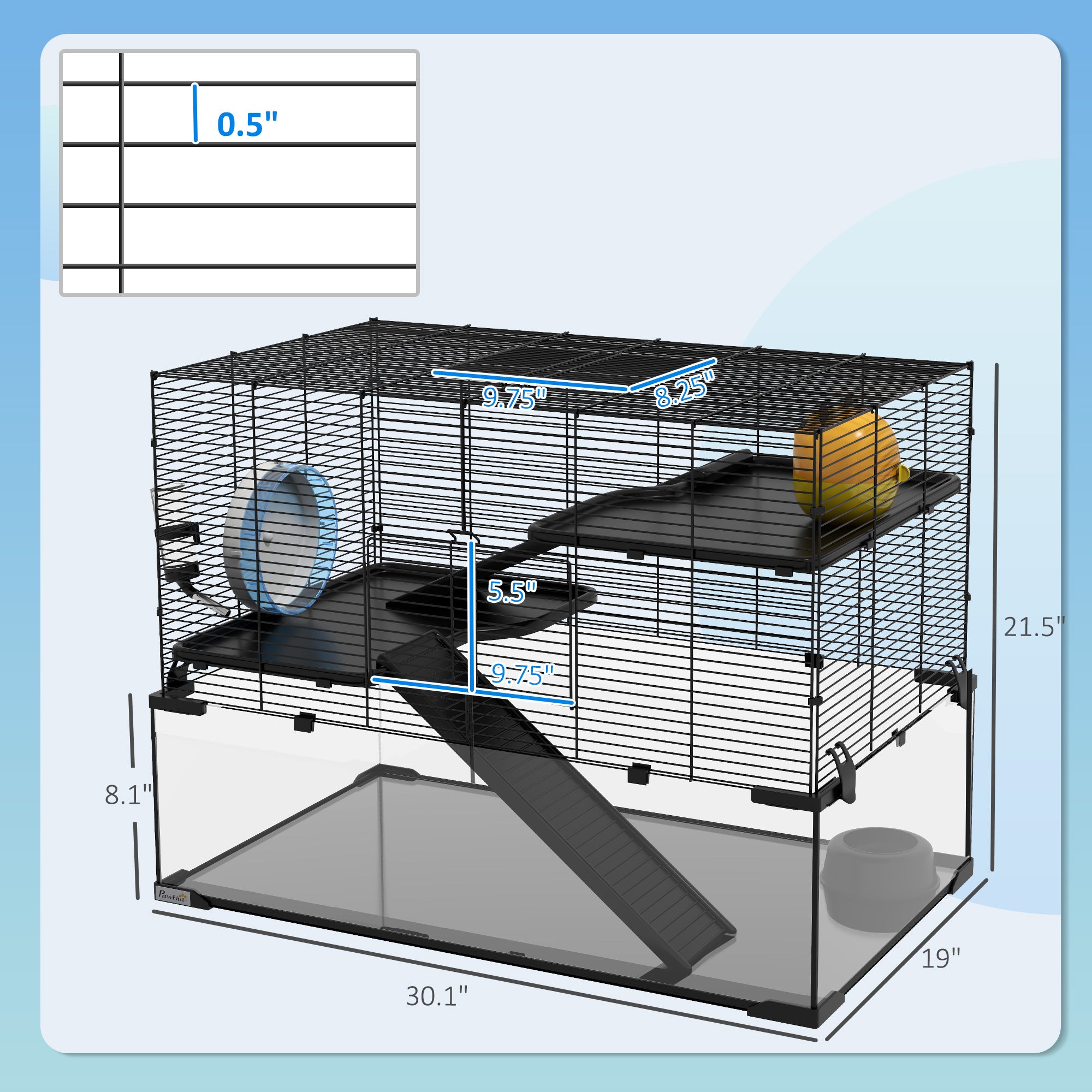 30" Hamster Cage, Gerbil Cage with Glass Basin for Small Hamsters, Black - Black - Image 3