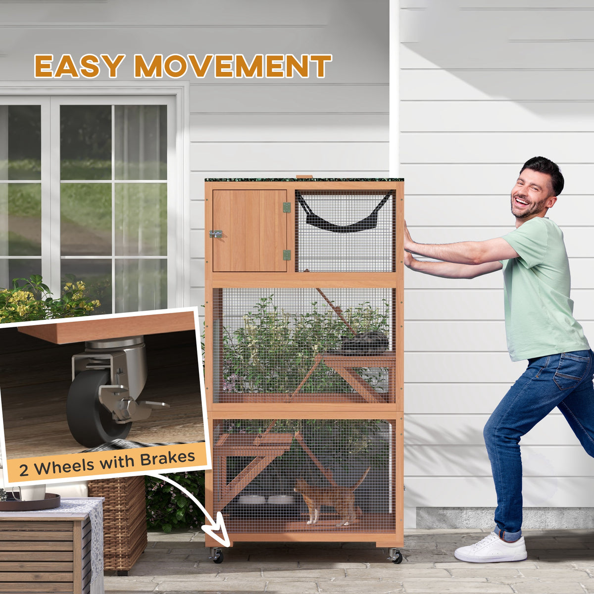 2 Piece Wooden Catio, Cat Enclosure House with Hammock, Wheels, Platforms Ramps, Weather Protection Asphalt Roof