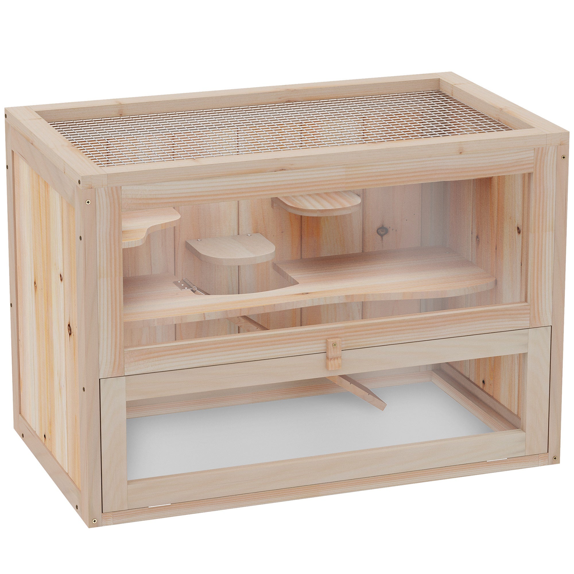2-Level Hamster Cage Mice and Rat House, Small Animal Habitat for Guinea Pigs, Chinchillas with Openable Top, Front Door, Shelf and Ladder, Natural - Nature wood