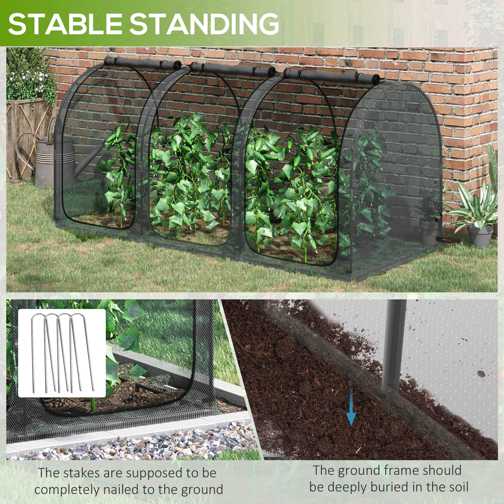9' x 4' Crop Cage, Plant Protection Tent with Three Zippered Doors, Storage Bag and 4 Ground Stakes, for Garden, Yard, Lawn, Black - Black - Image 7