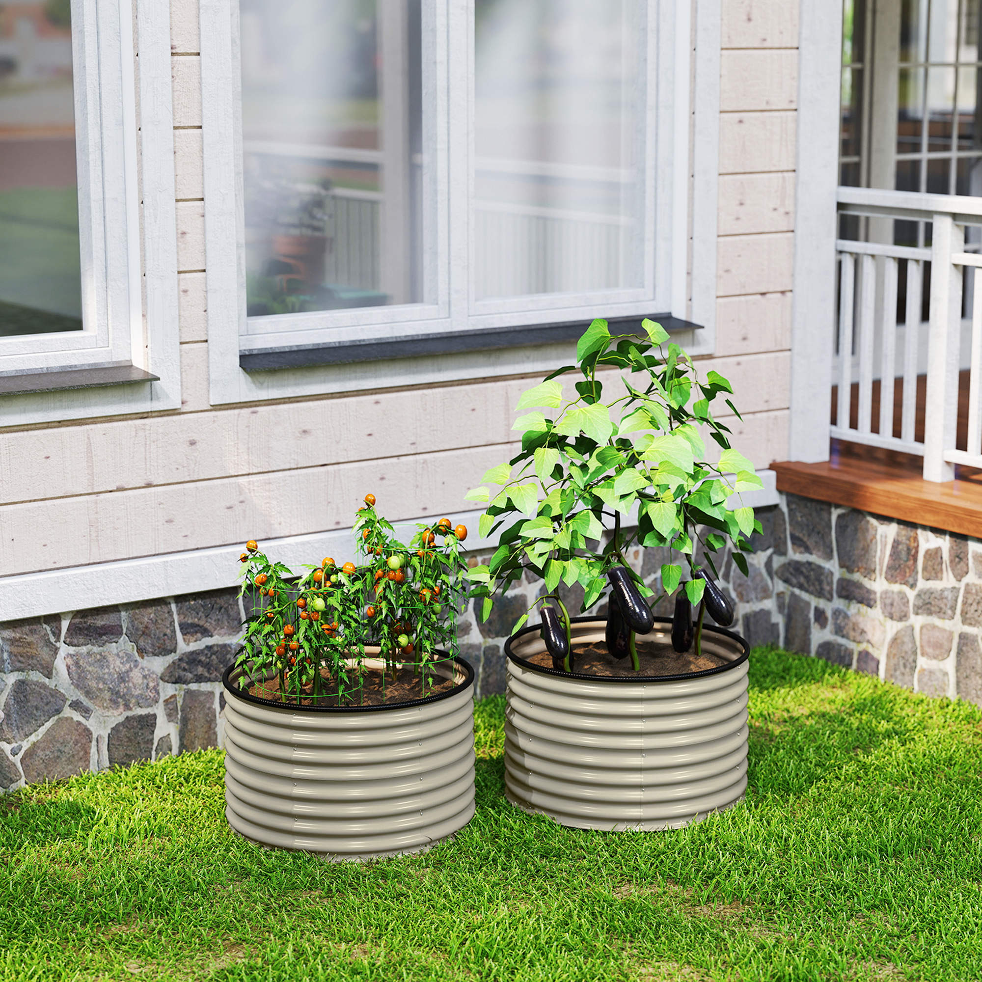 Set of 2 Raised Garden Bed, Metal Planter Box with Safety Edging, Easy-to-assemble Stock Tank, Cream White - Cream White - Image 8