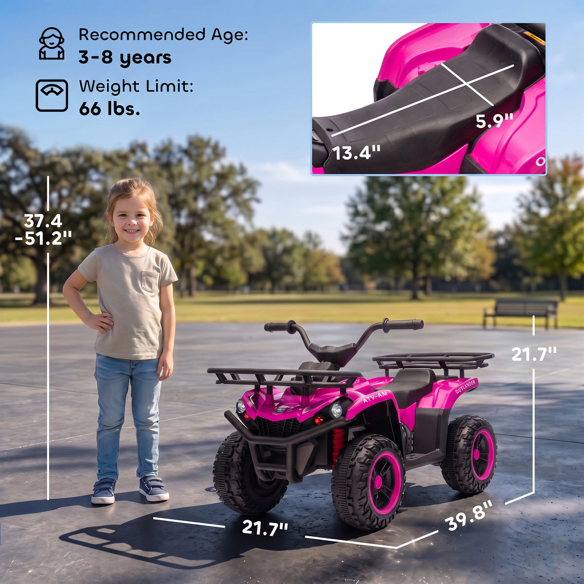 24V Ride on ATV, 4 Wheeler for Kids with Dual Motors, Soft Start, Battery Display, Music, Lights for 3-8 Years, Pink