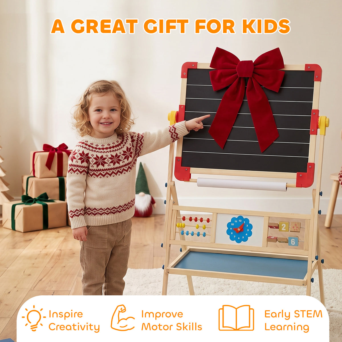 Art Easel for Kids, 360° Rotating Double Sided Kids Easel with Magnetic Whiteboard, Chalkboard, Storage Box, Natural
