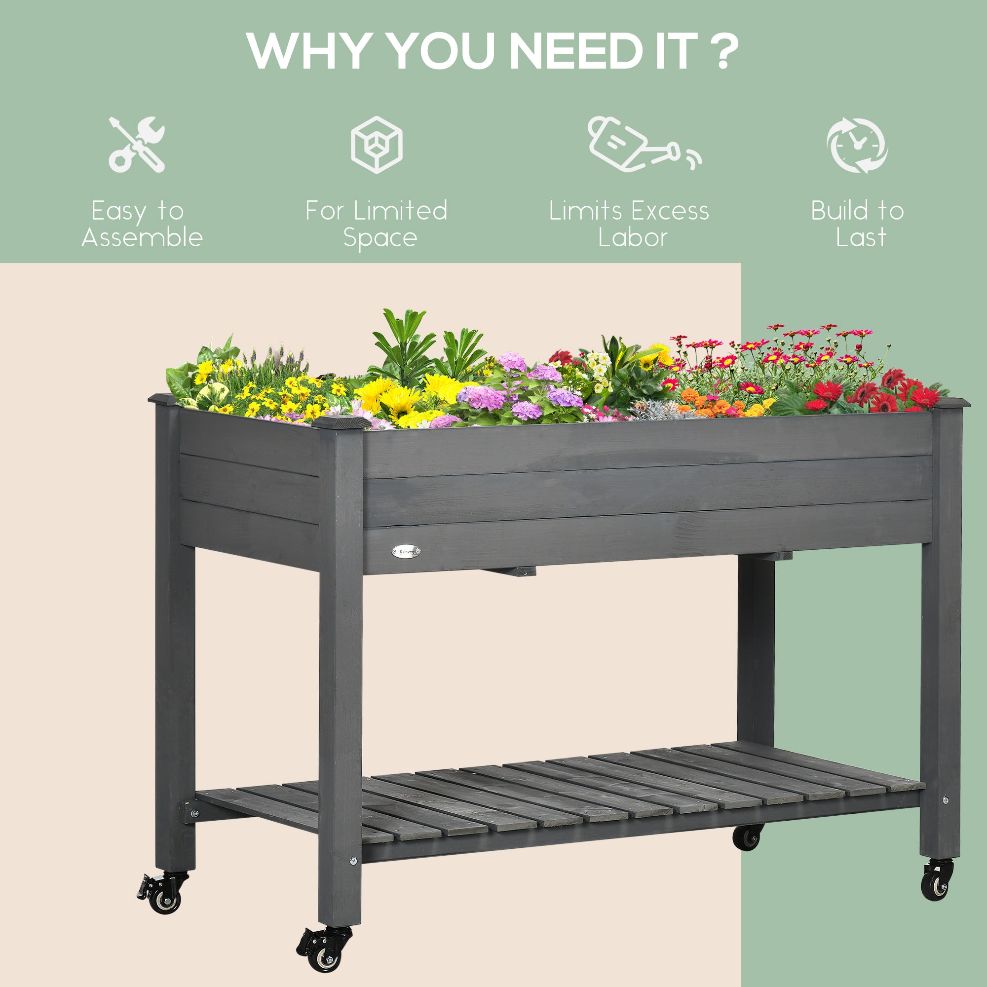 47" x 21" Raised Garden Bed Elevated Wooden Planter Box w/ Lockable Wheels, Storage Shelf for Backyard, Dark Gray - Dark Gray - Image 7