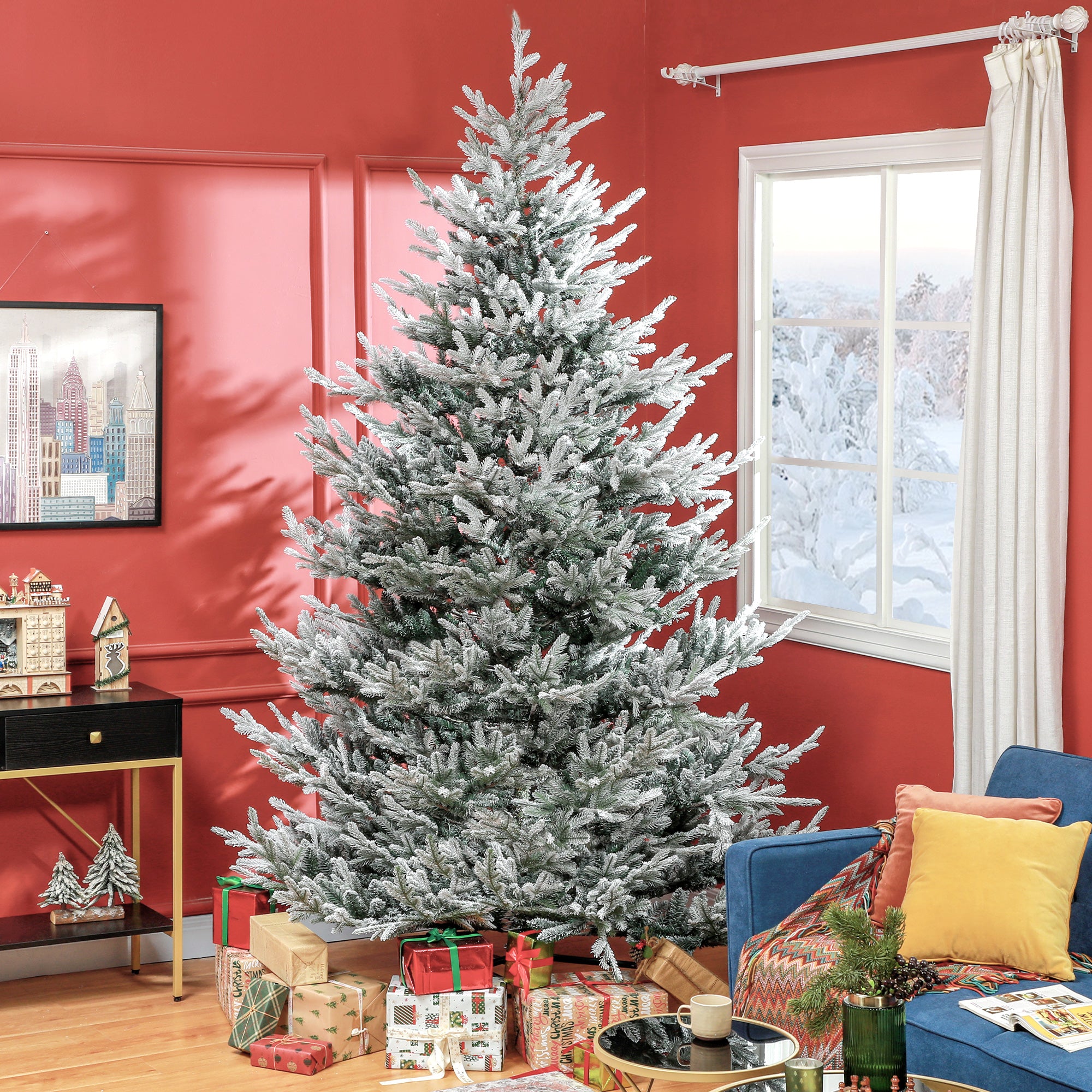 9 FT Artificial Christmas Tree, Flocked Hinged Xmas Tree with 1939 Tips, Steel Base, Auto Open, Green