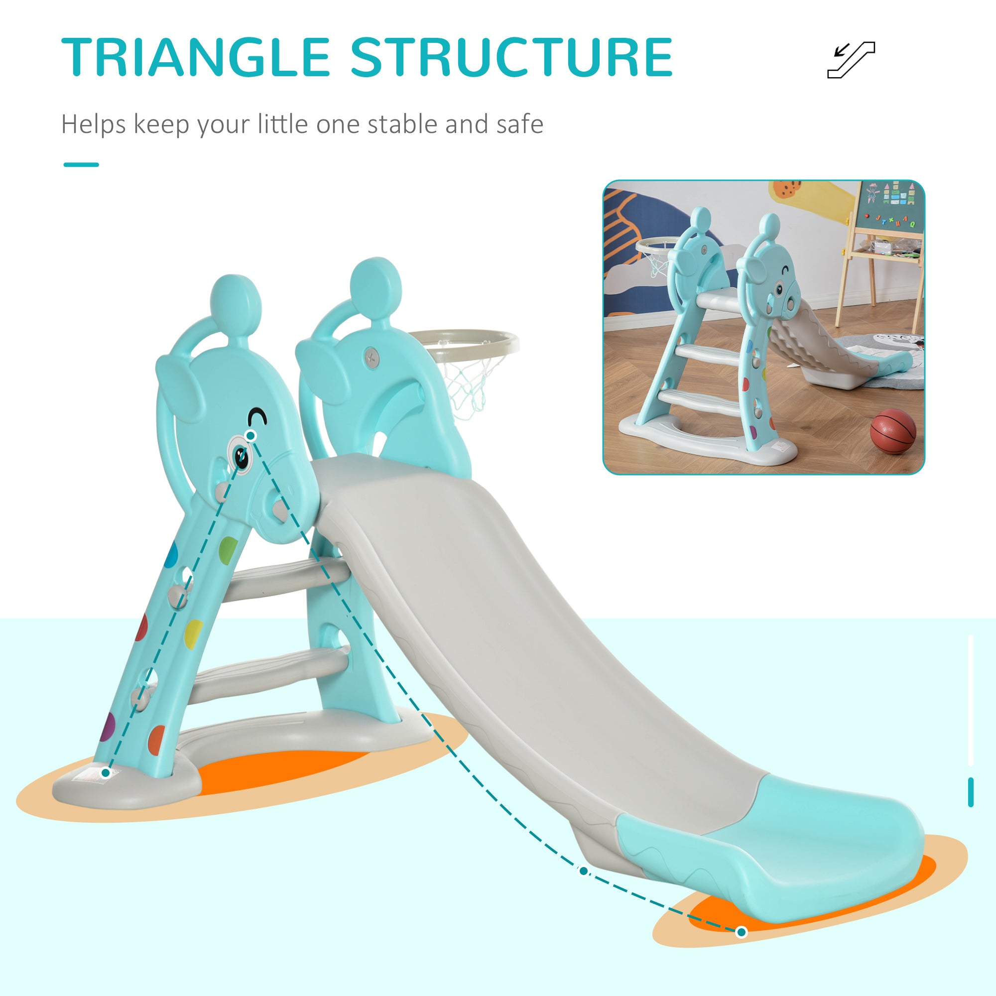 2 in 1 Kids Slide with Basketball Hoop, Foldable Toddler Freestanding Slider Playset, for 18 months -4 Years Deer Shaped, Includes Basketball, Pump - Blue