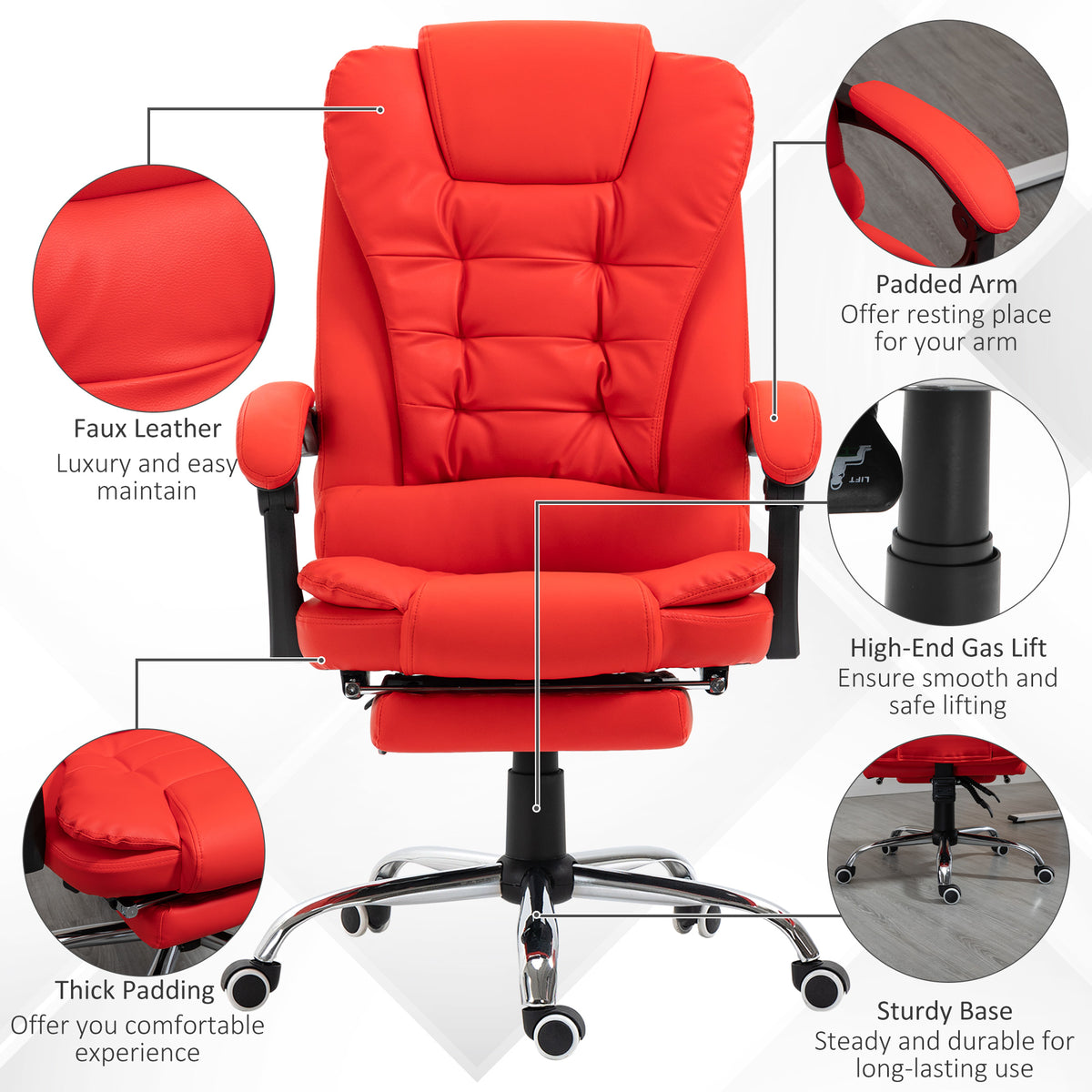Executive Office Chair, High Back Reclining Computer Chair with Footrest and Armrest, Red