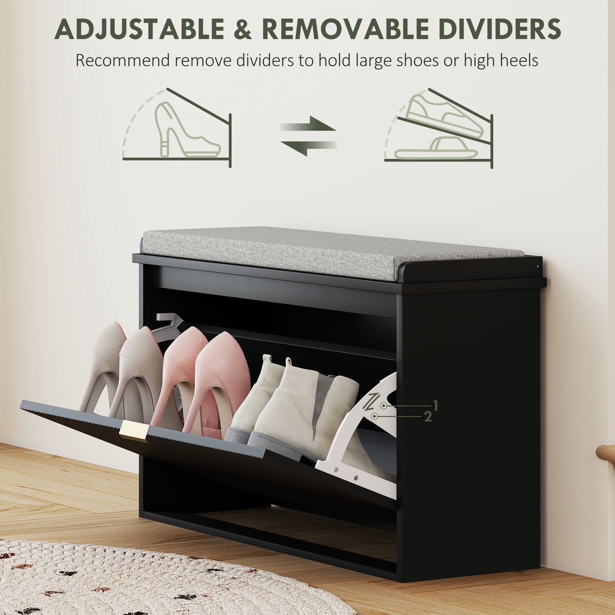Shoe Storage Bench with Padded Seat Cushion and Flip-Drawer, Entryway Bench, Shoe Cabinet, 31.5x10.2x18.7 Inches, Black