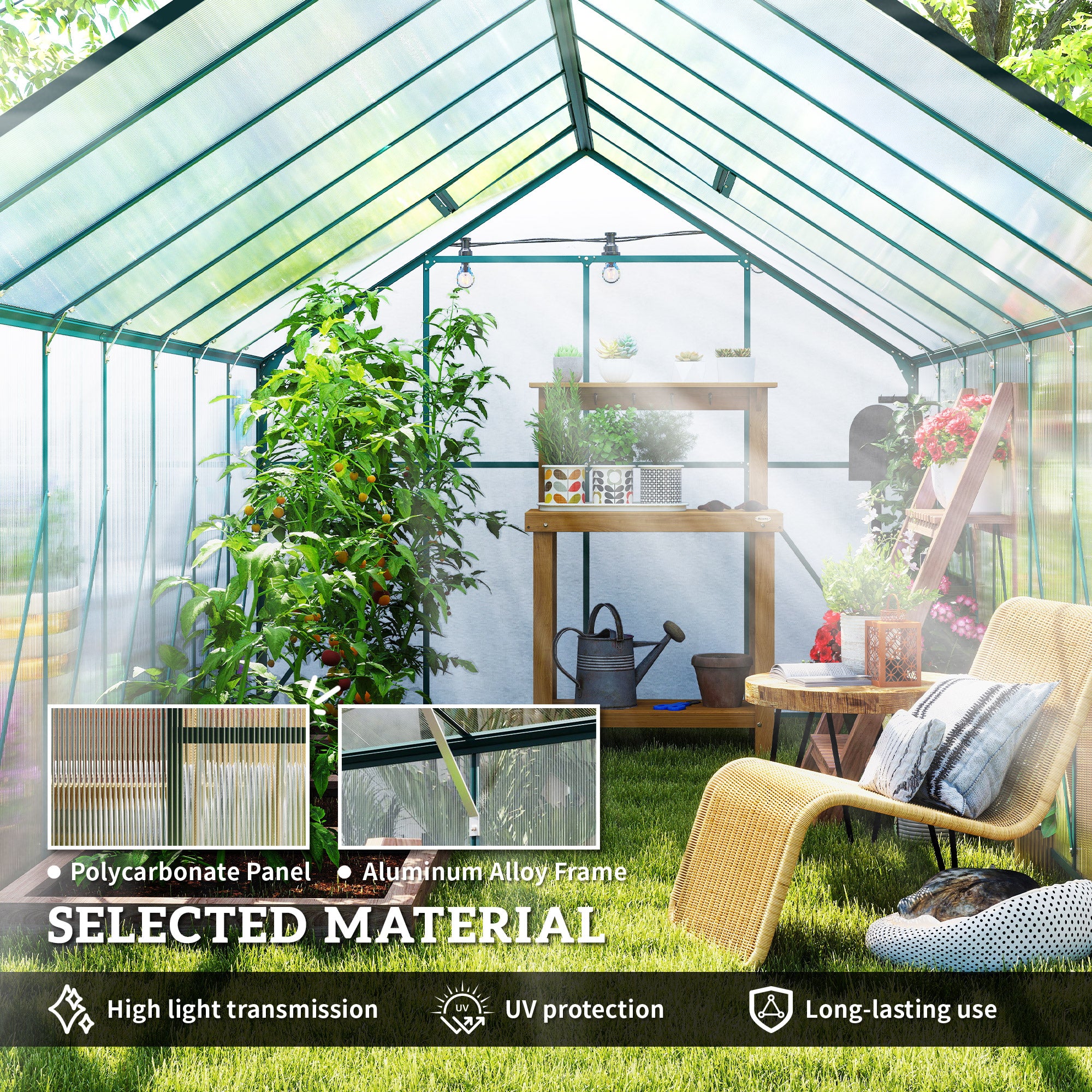 16' x 8' Aluminum Greenhouse Polycarbonate Walk-in Garden Greenhouse Kit with Adjustable Roof Vent, Rain Gutter and Sliding Door for Winter, Clear - Clear - Image 4