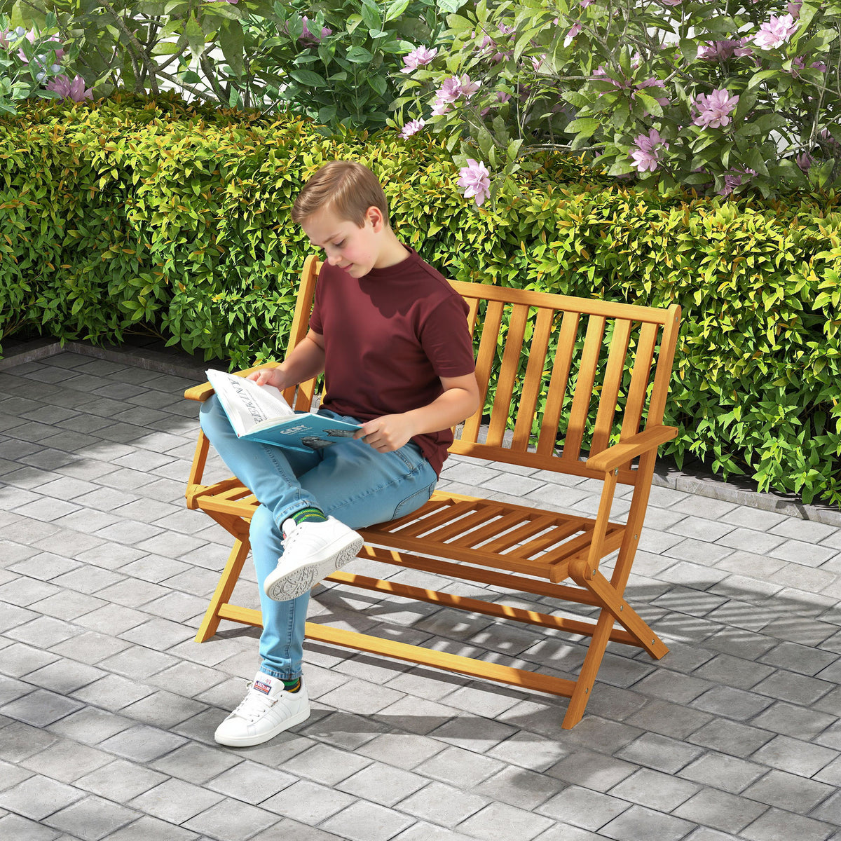 2-Person Foldable Wood Outdoor Bench with Backrest and Armrests for Garden, Porch, Park, Balcony, Teak