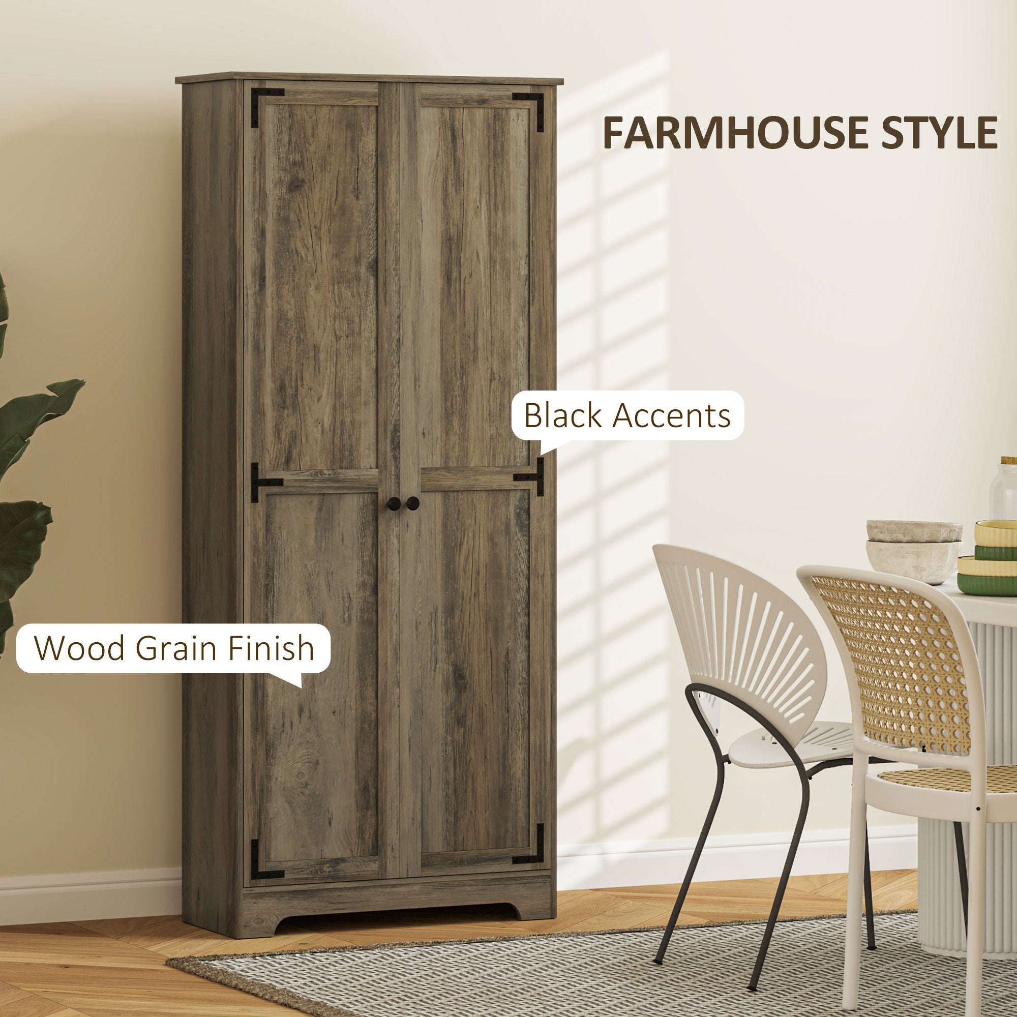 72" Farmhouse Pantry Cabinet, Freestanding Food Pantry Cabinet with Adjustable Shelves, Distressed Gray
