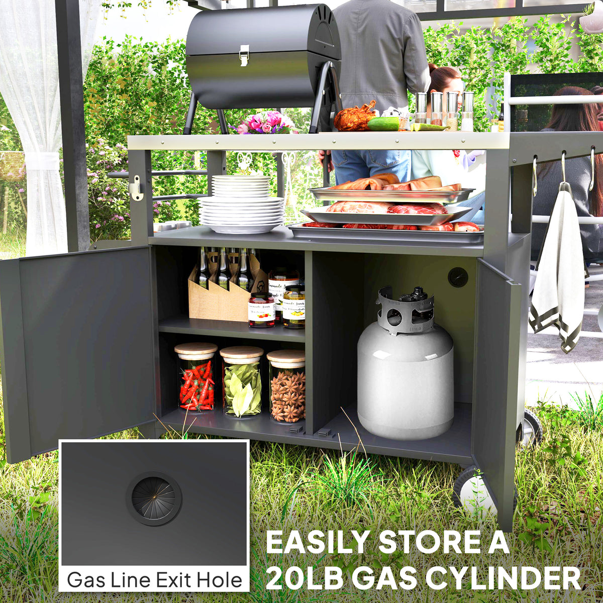Outdoor Grill Cart Table with Stainless Steel Top, Movable Pizza Oven Table with Foldable Side Table, Wheels