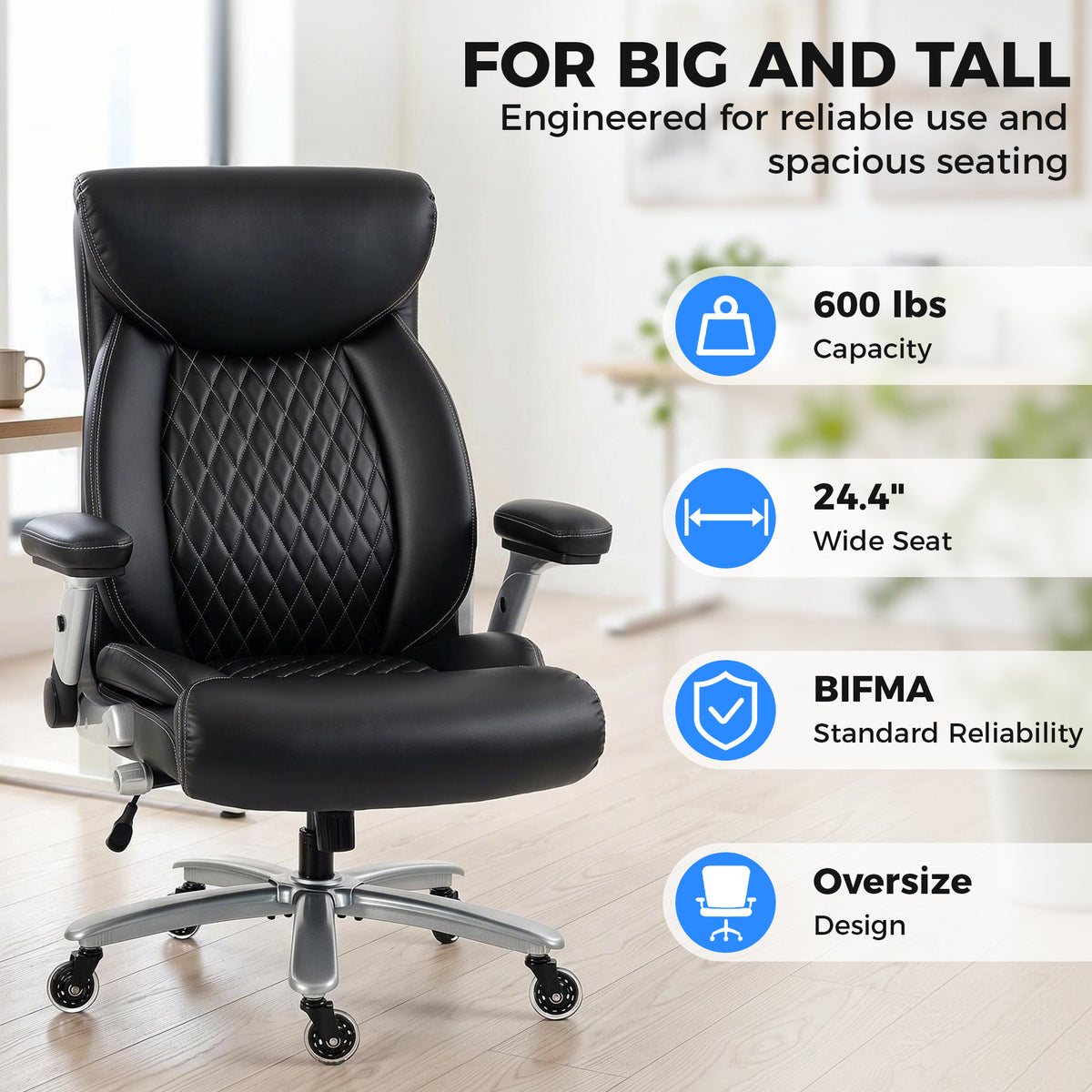 Ergonomic Office Chair with Inflatable Lumbar Support, 600 lbs, Heavy Duty Desk Chair, BIFMA, Flip-Up Arms